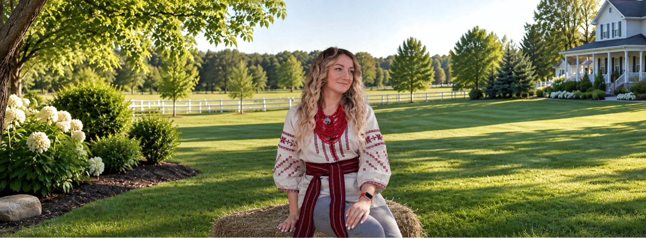 Casual urban fashion look with a traditional Ukrainian krajka accessory and ND Ukraine embroidered clothing.
