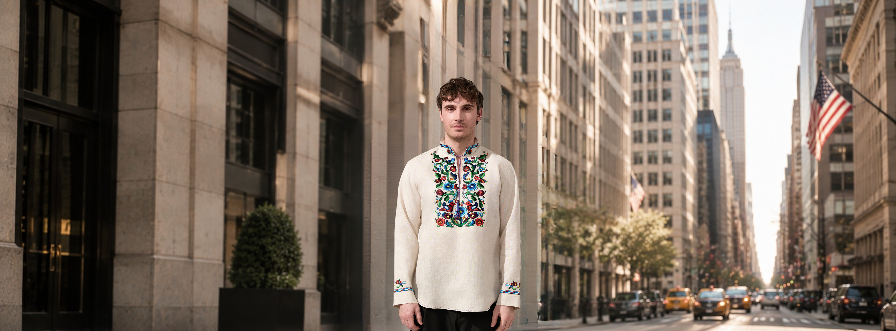 Modern men's vyshyvanka embroidered shirt with minimalist geometric patterns by ND Ukraine.