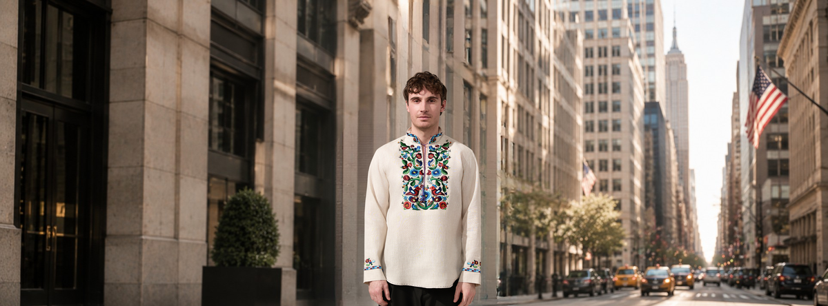 Modern men's vyshyvanka embroidered shirt with minimalist geometric patterns by ND Ukraine.