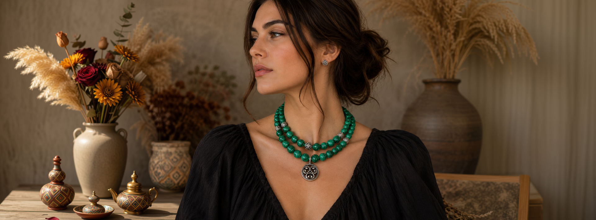 NDUkraine banner displaying vibrant green malachite-style multi-strand traditional ethnic necklace styled over modern apparel.