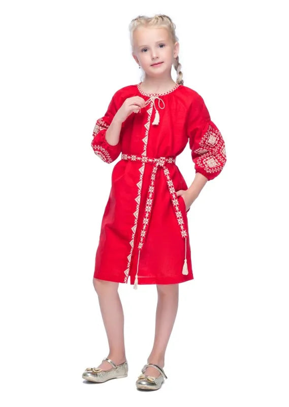 Red Embroidered Dress Ukrainian Vyshyvanka Linen Dress for Girls Style