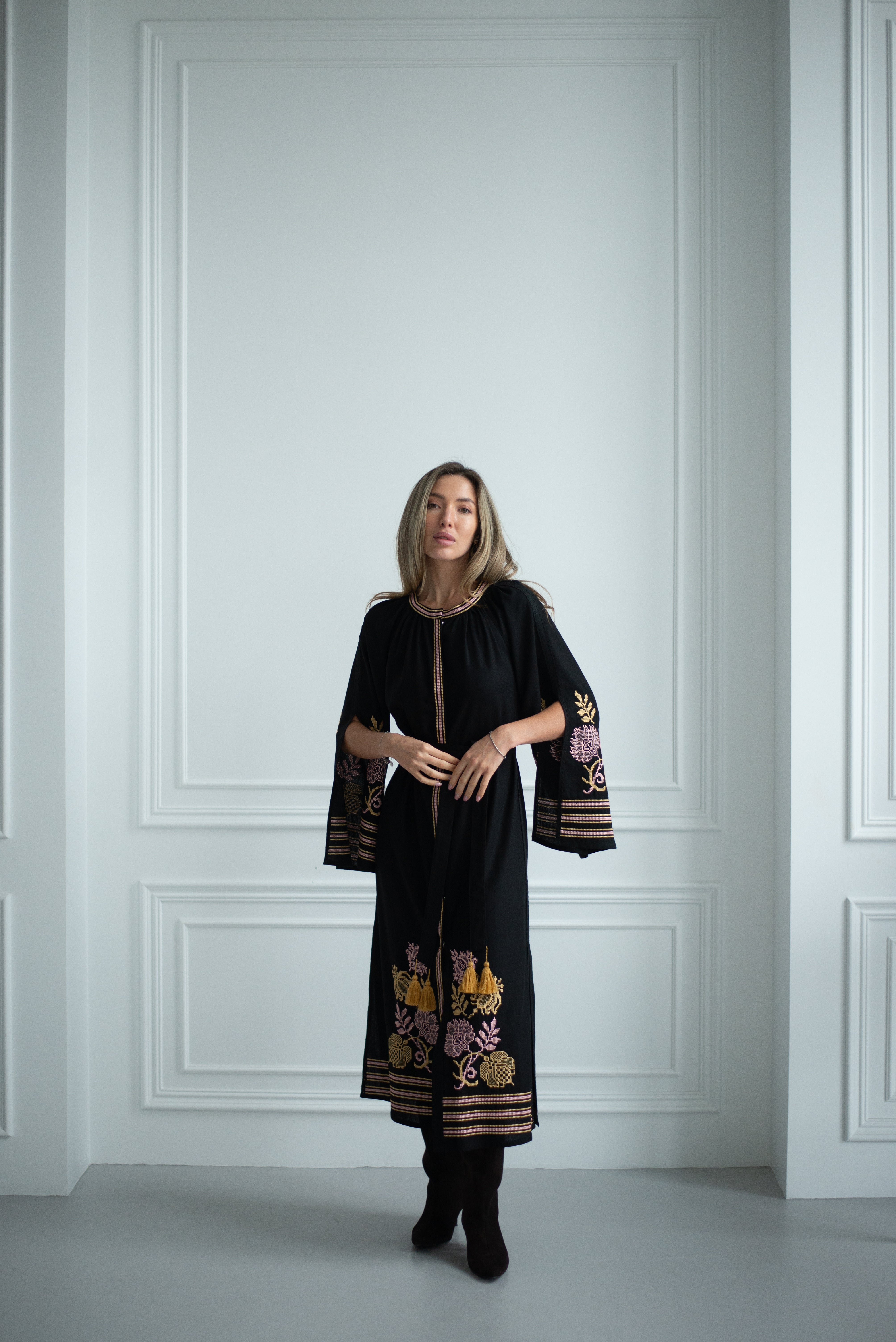 Long black dress Embroidered with slits on the sleeves Black dress Ukrainian Embroidered vyshyvanka Boho