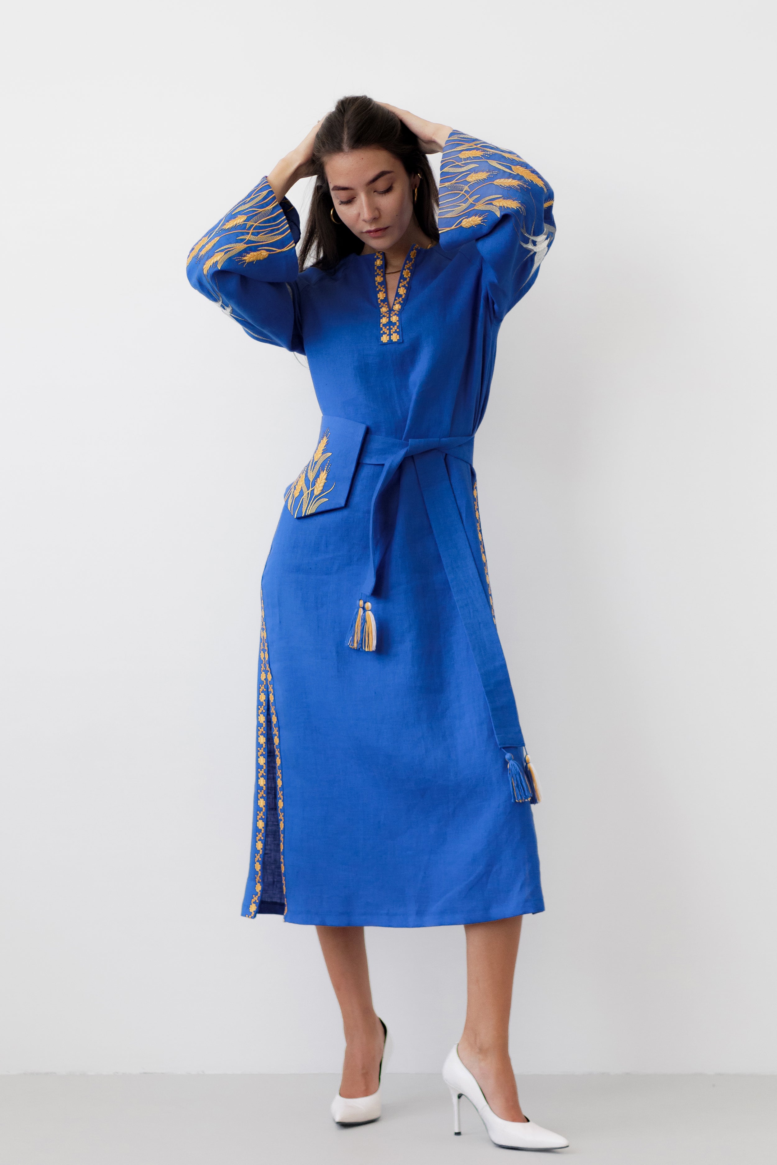 Blue Linen Embroidered Ukrainian Vyshyvanka Dress Folk Style