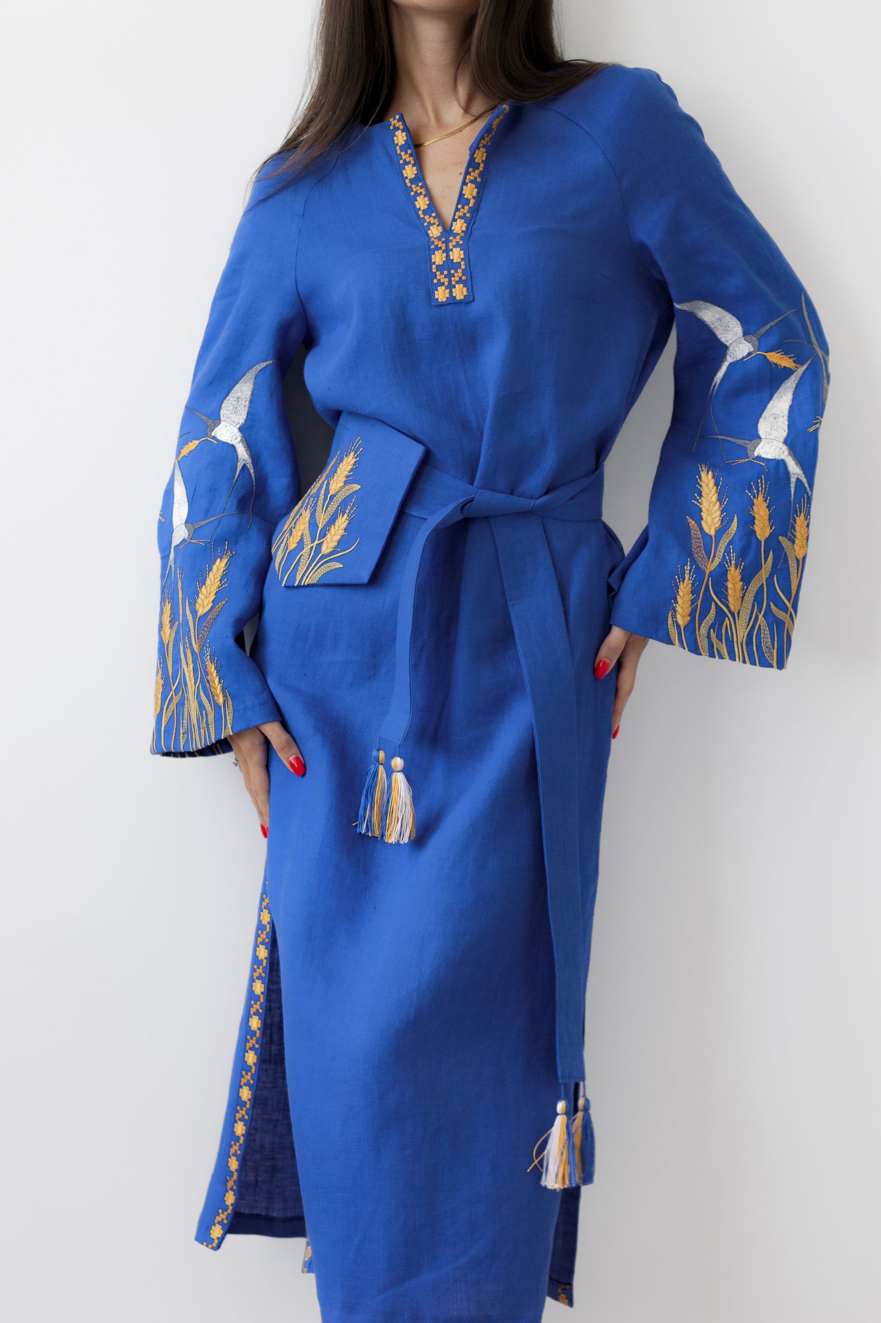 Blue Linen Embroidered Ukrainian Vyshyvanka Dress Folk Style