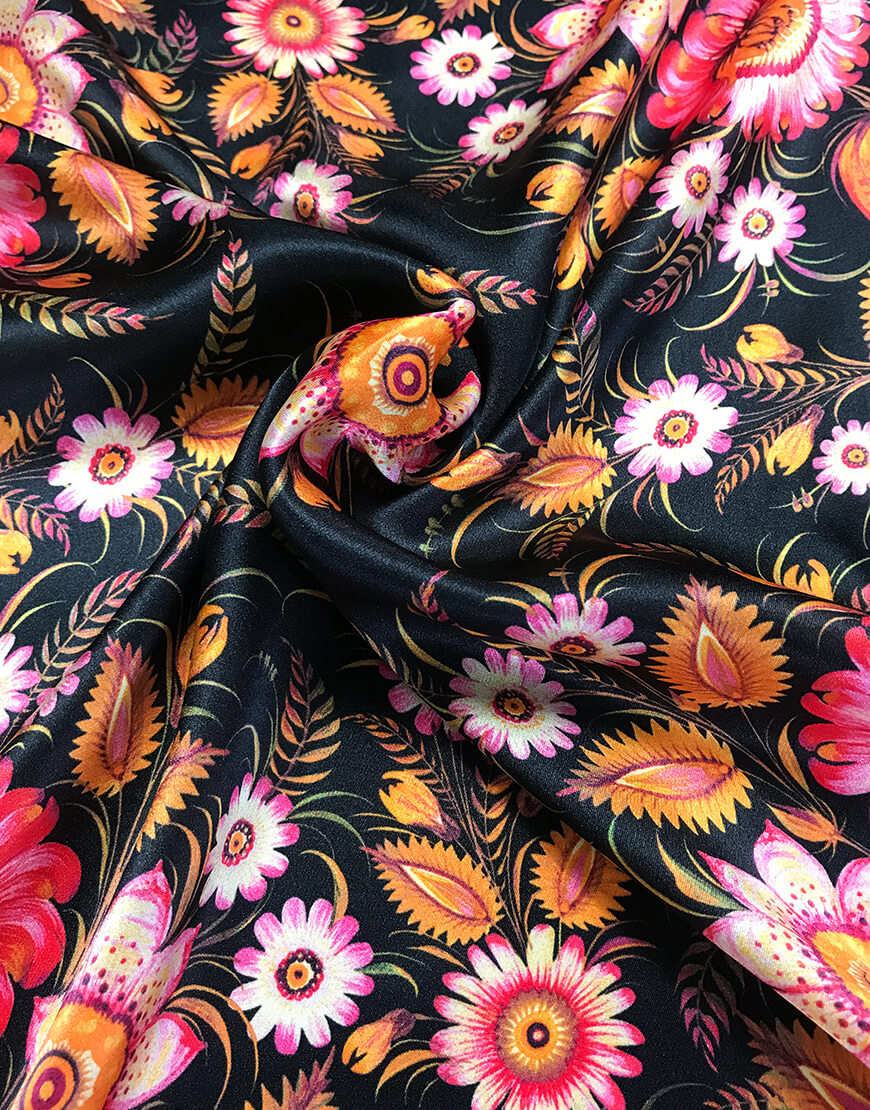 Black Silk Scarf with Ukrainian Floral Folk Art