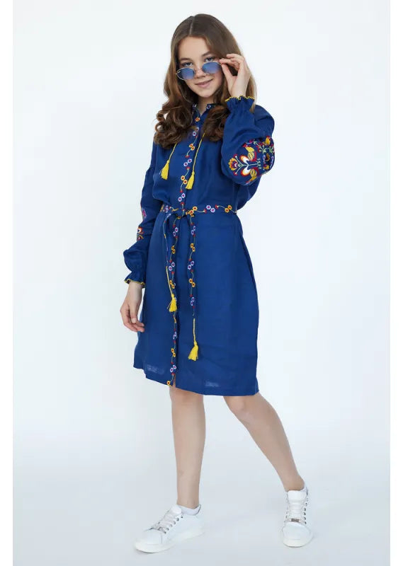 Blue Embroidered Dress for Girls Vyshyvanka Linen