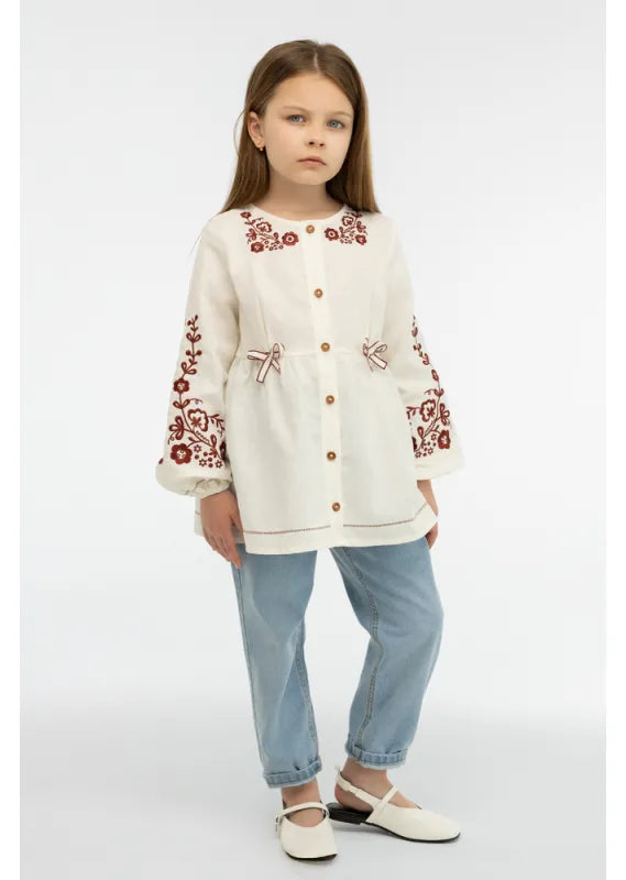 White Embroidered Blouse for Girls Ukrainian Vyshyvanka Linen Style