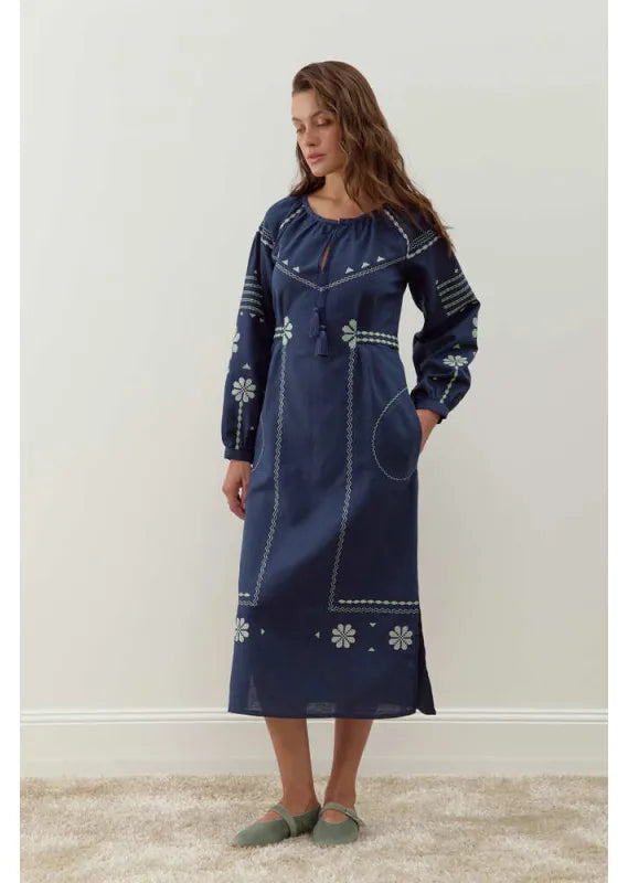 Blue Embroidered Dress Linen Ukrainian vyshyvanka Gift for Her Boho Dress Christmas Gift