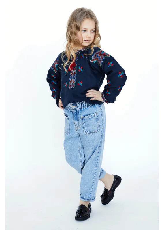 Blue Linen Embroidered Ukrainian Vyshyvanka Blouse for Girls