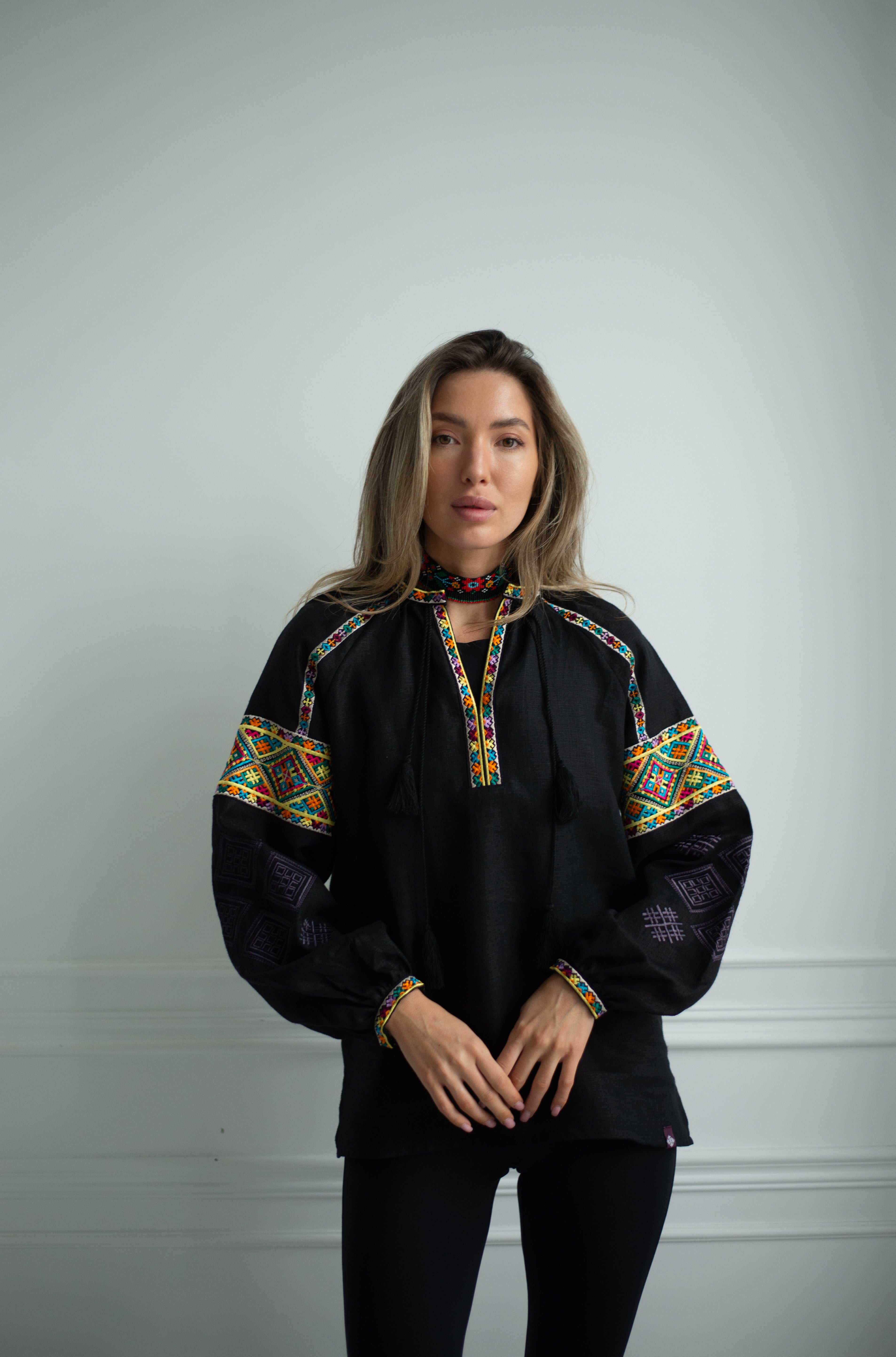 Black Embroidered Blouse Ukrainian Vyshyvanka Bohemian Ethnic Shirt Boho Chic Peasant Folk Art