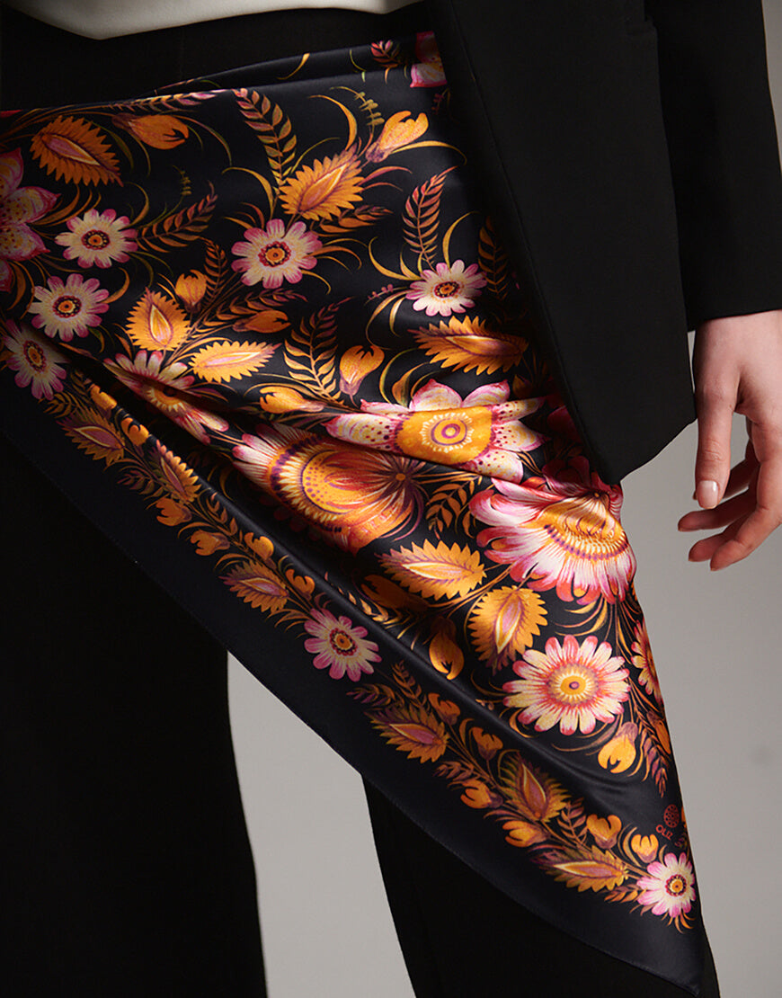 Black Silk Scarf with Ukrainian Floral Folk Art