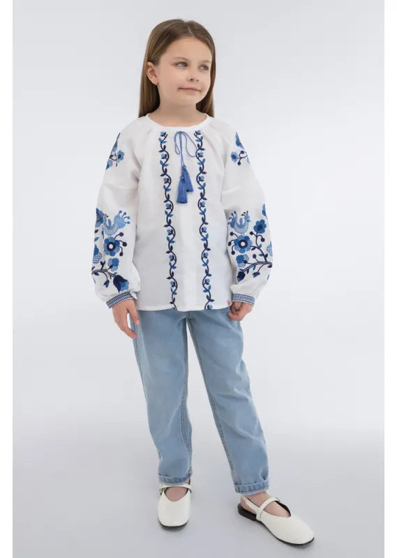 Embroidered Girls' blouse shirt Kvitkova with blue embroidery on white linen shirt for Girl