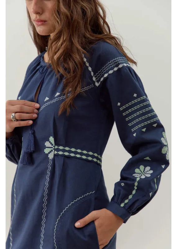 Blue Embroidered Dress Linen Ukrainian vyshyvanka Gift for Her Boho Dress Christmas Gift