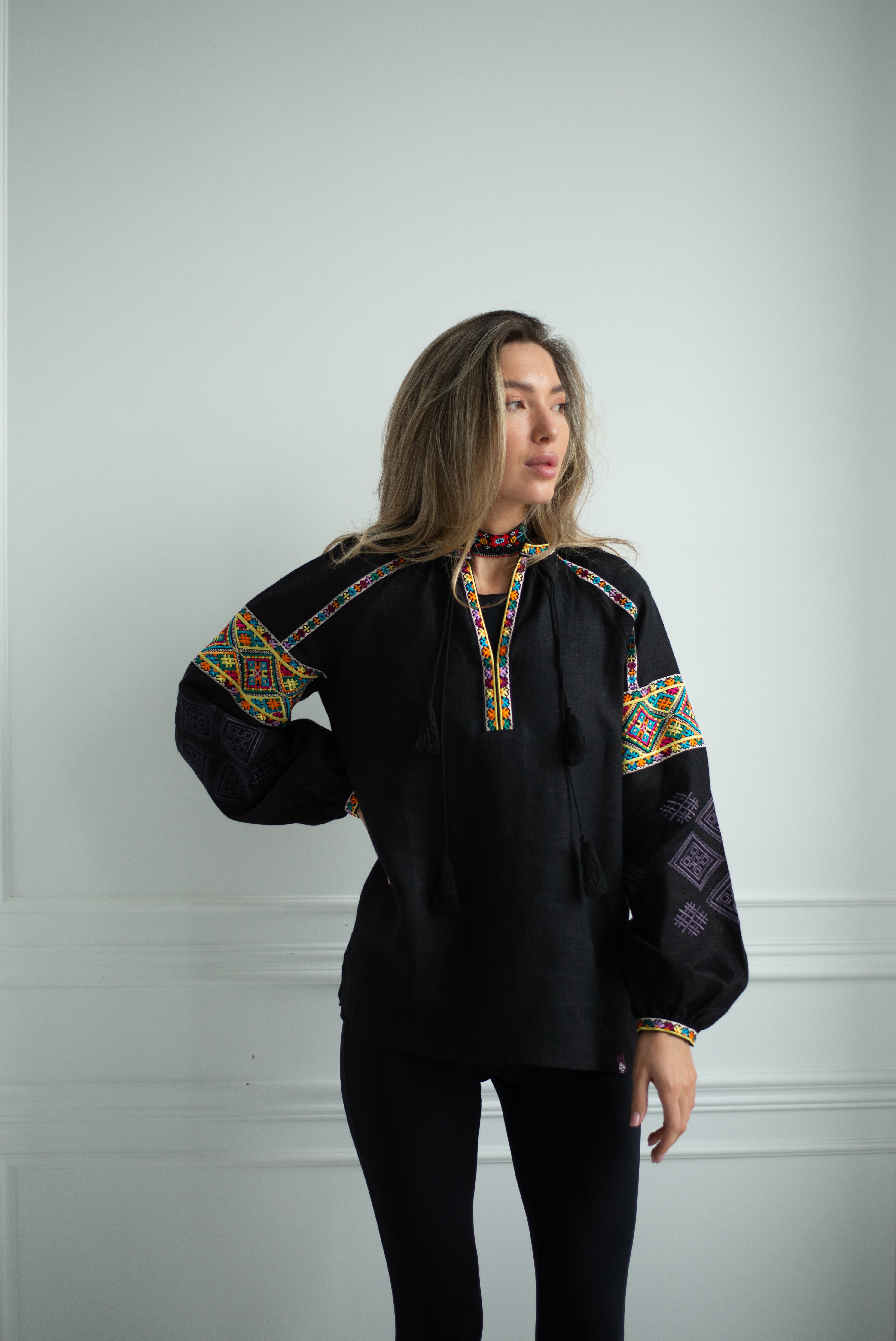 Black Embroidered Blouse Ukrainian Vyshyvanka Bohemian Ethnic Shirt Boho Chic Peasant Folk Art