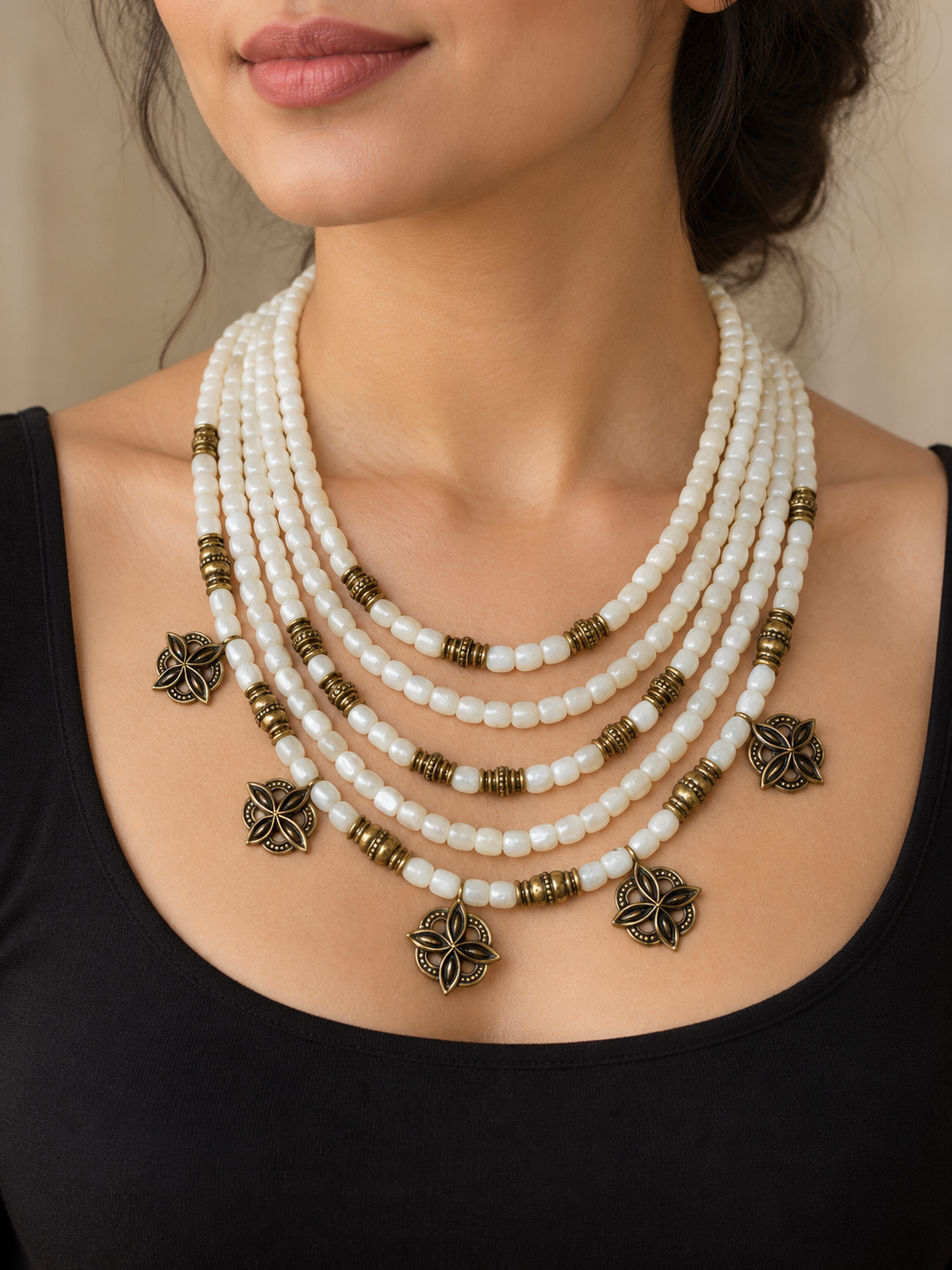 White Mother of Pearl Necklace, Ukrainian Ethnic Jewelry, Multi Strand Beaded Necklace, Antique Brass Floral Charms
