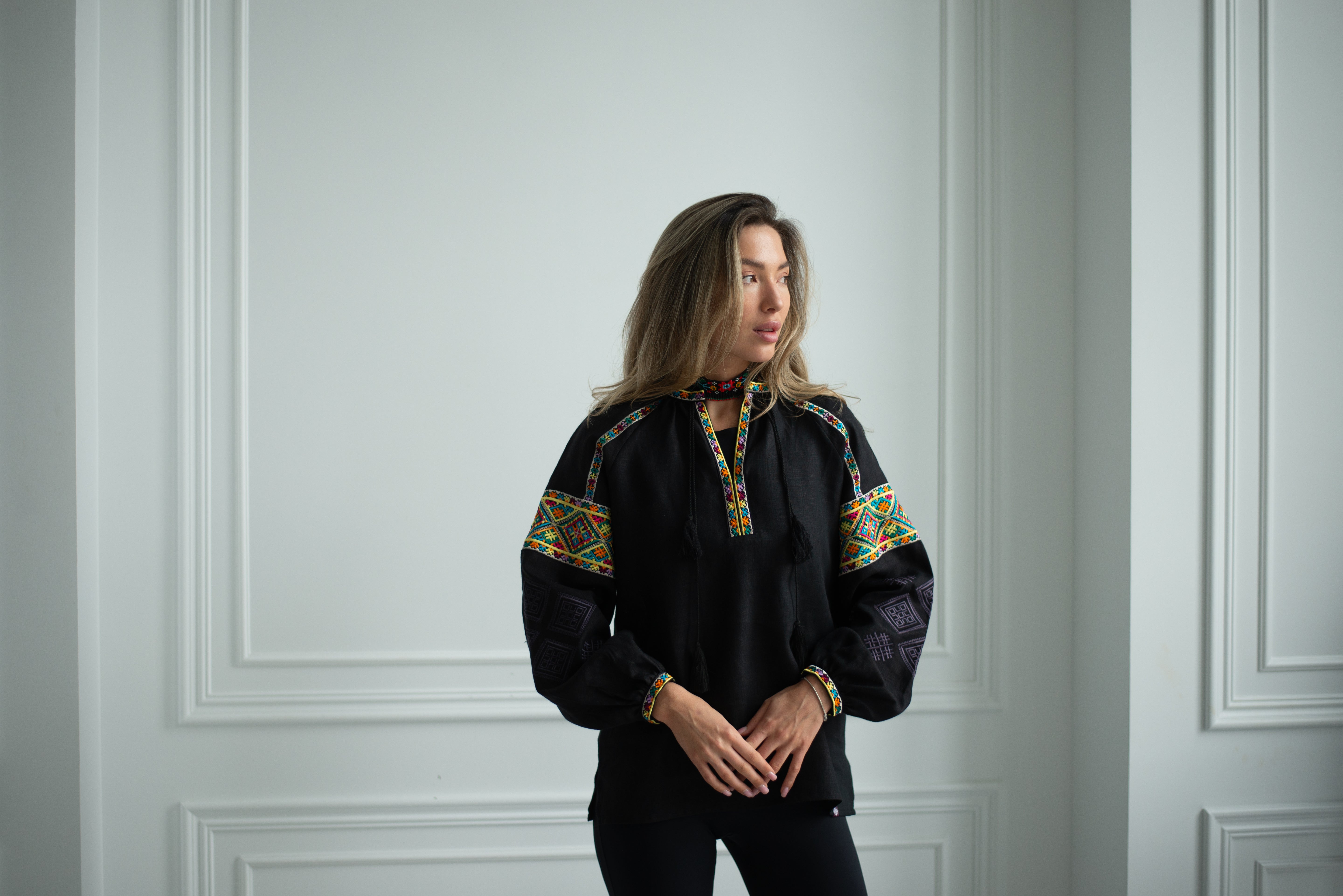 Black Embroidered Blouse Ukrainian Vyshyvanka Bohemian Ethnic Shirt Boho Chic Peasant Folk Art