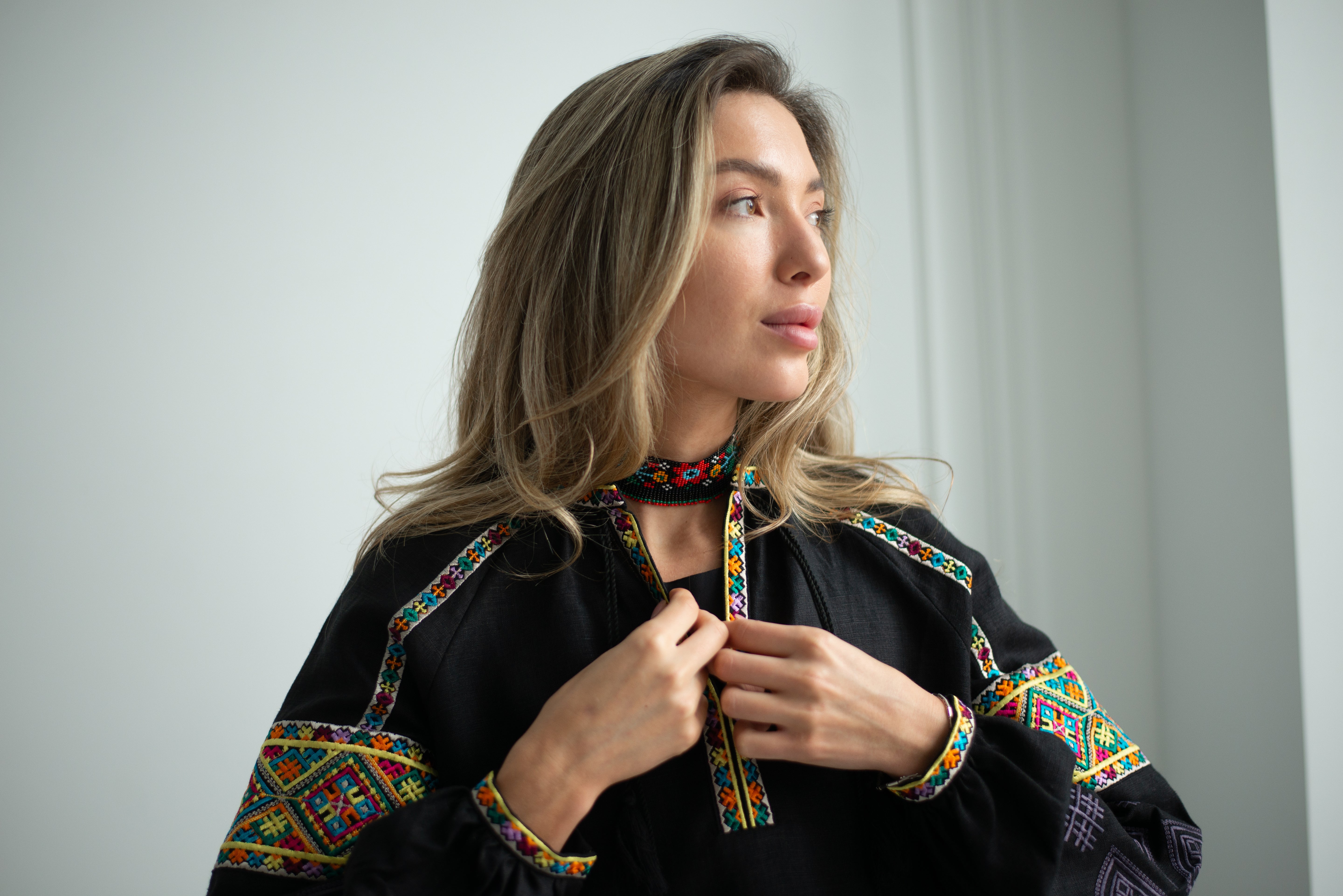 Black Embroidered Blouse Ukrainian Vyshyvanka Bohemian Ethnic Shirt Boho Chic Peasant Folk Art