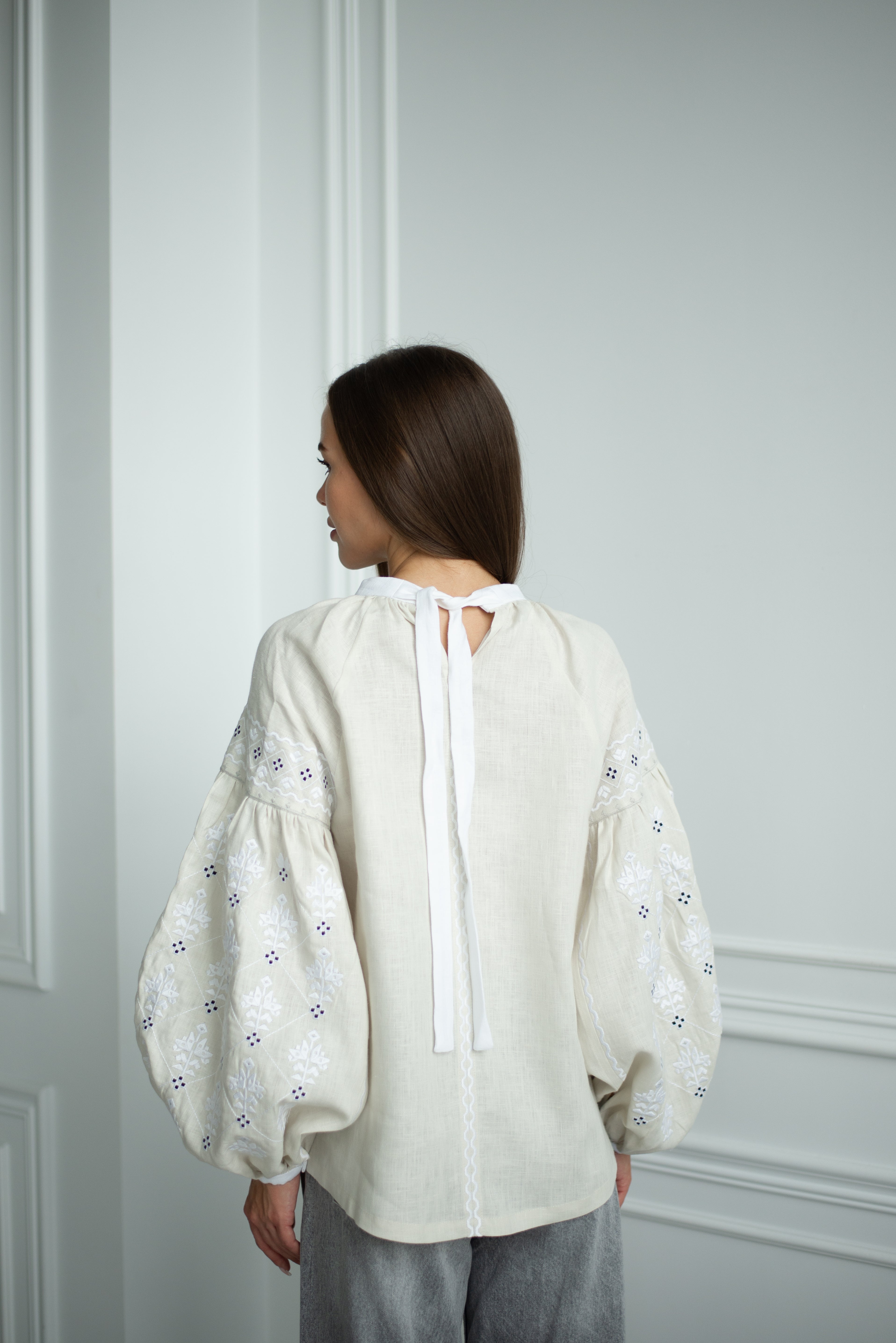 Ukrainian vyshyvanka blouse embroidered bohemian ethnic shirt Beige embroidery on a white