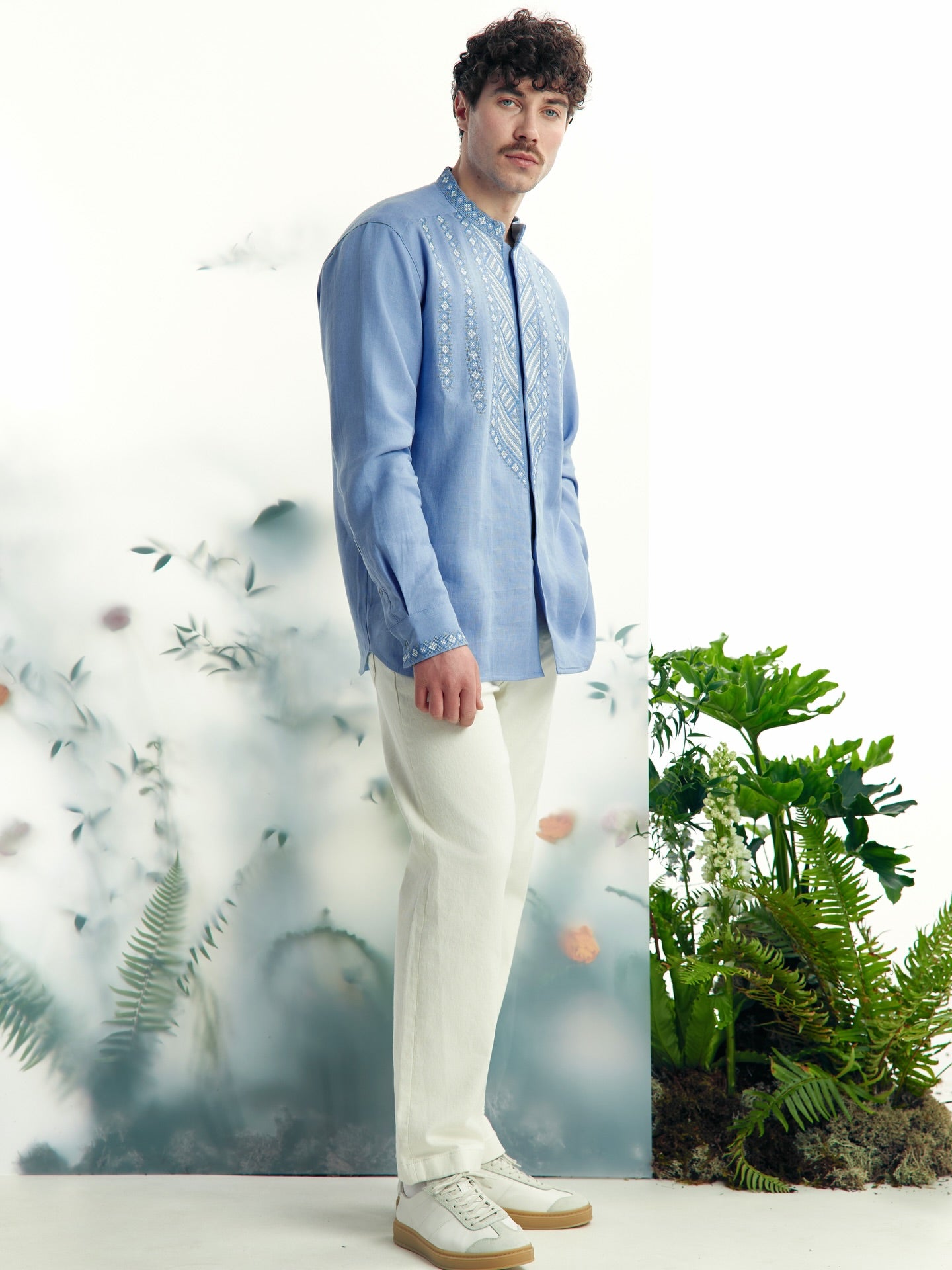 Blue Linen Embroidered shirt Ukrainian Vyshyvanka for Men Traditional Shirt