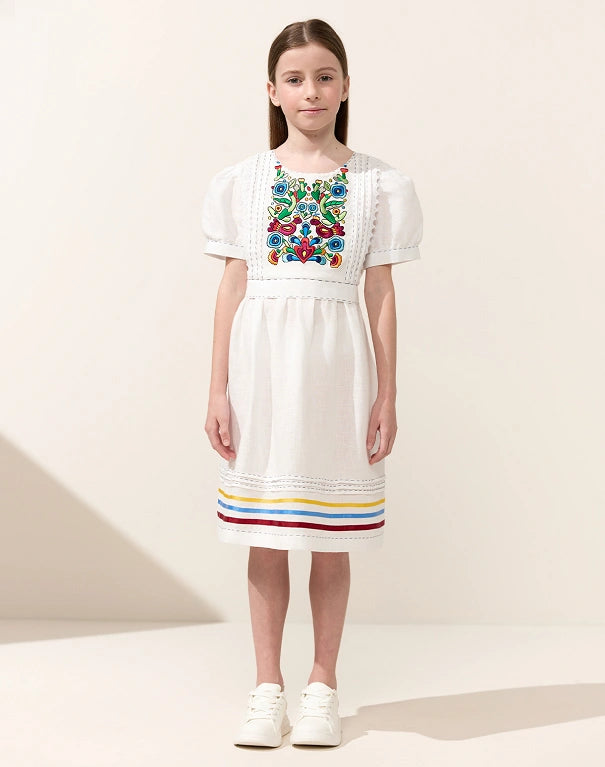Orysia girls' dress white linen and colorful tambour embroidery Embroidered dress
