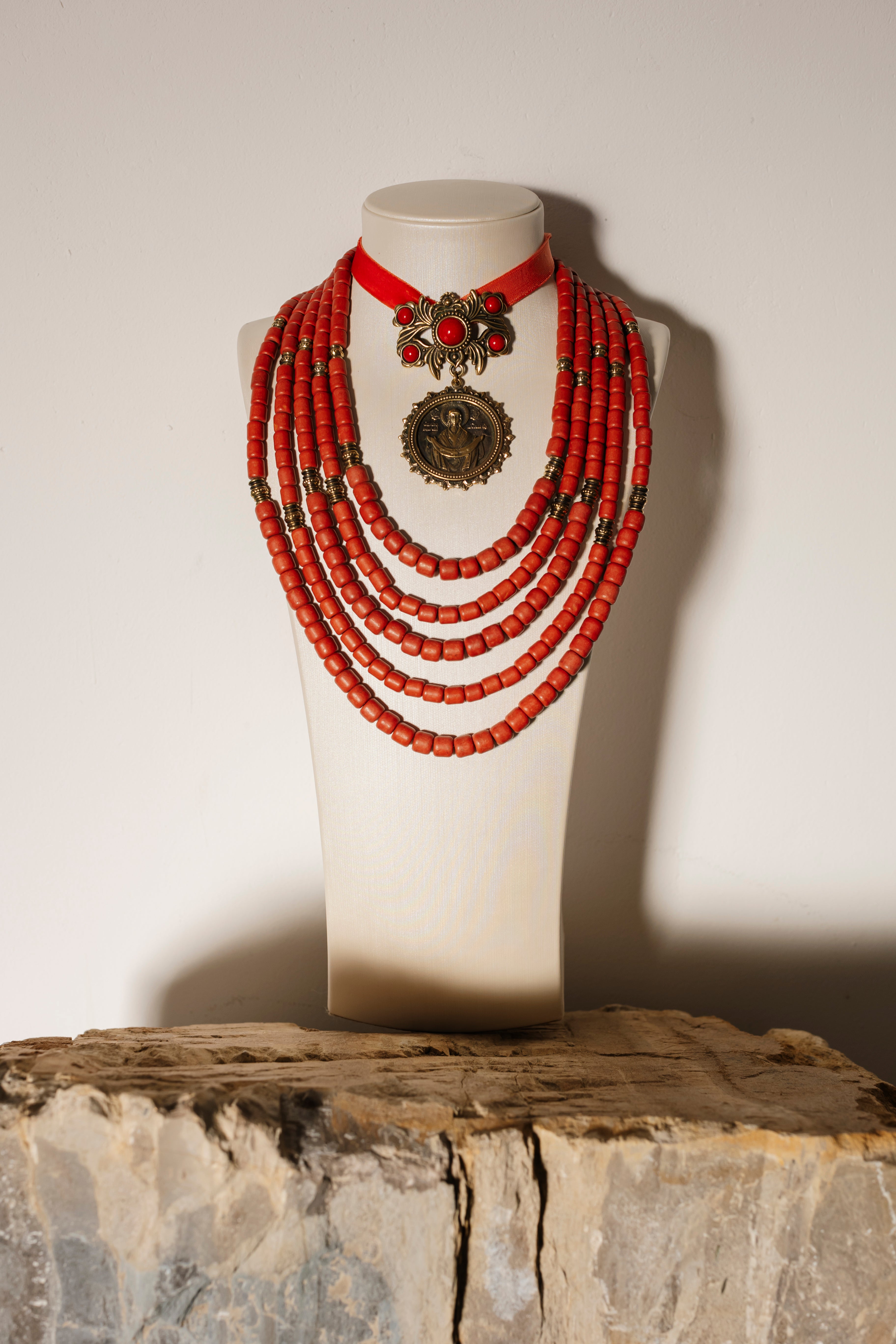 Red Ukrainian Traditional Necklace Ethnic Ceramic and Antique Bead Jewelry