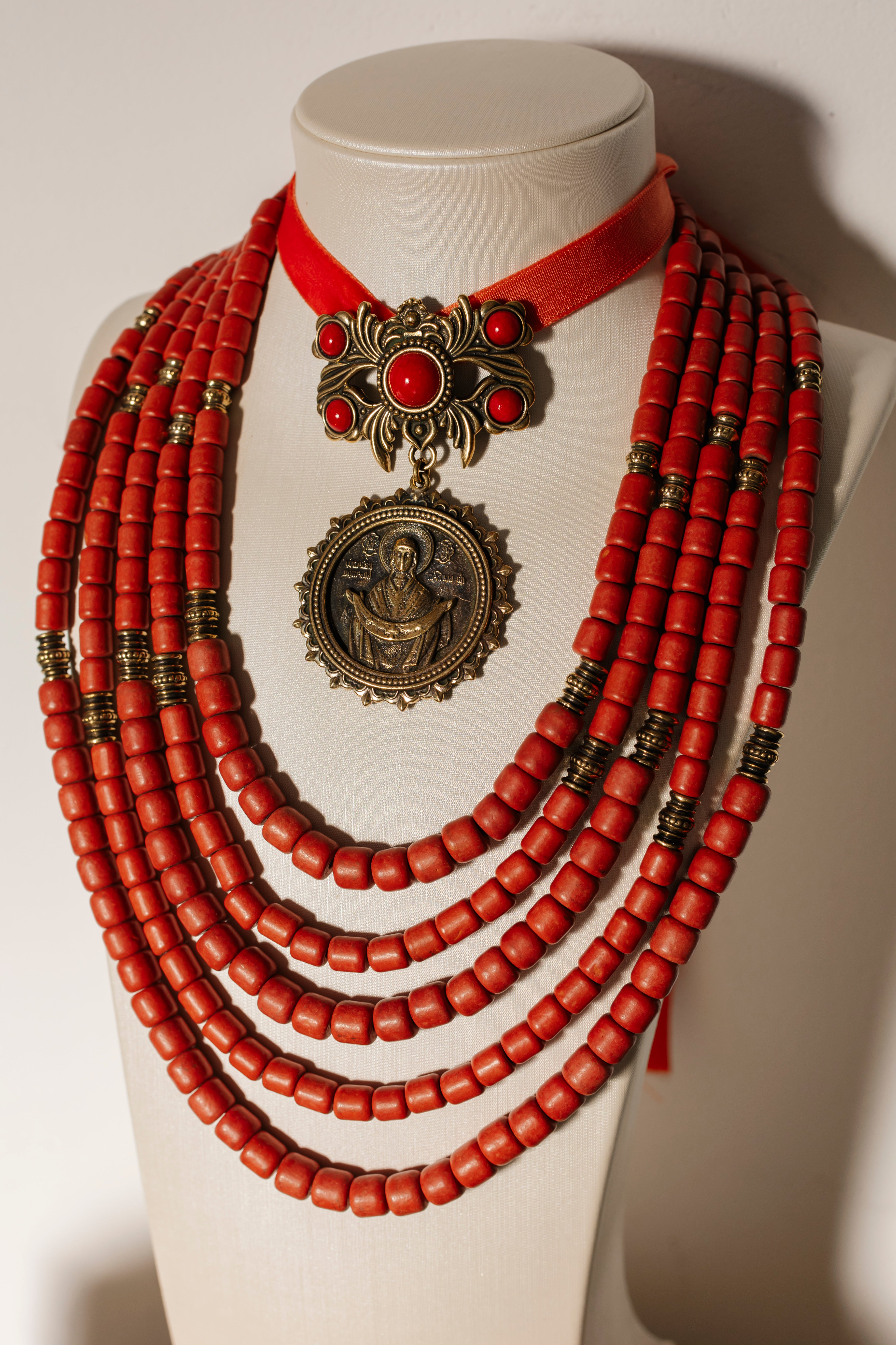 Red Ukrainian Traditional Necklace Ethnic Ceramic and Antique Bead Jewelry