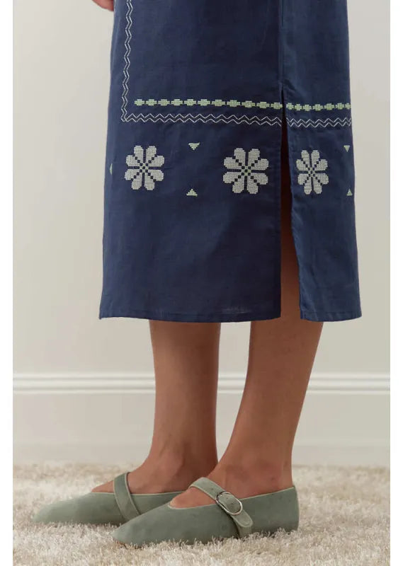 Blue Embroidered Dress Linen Ukrainian vyshyvanka Gift for Her Boho Dress Christmas Gift