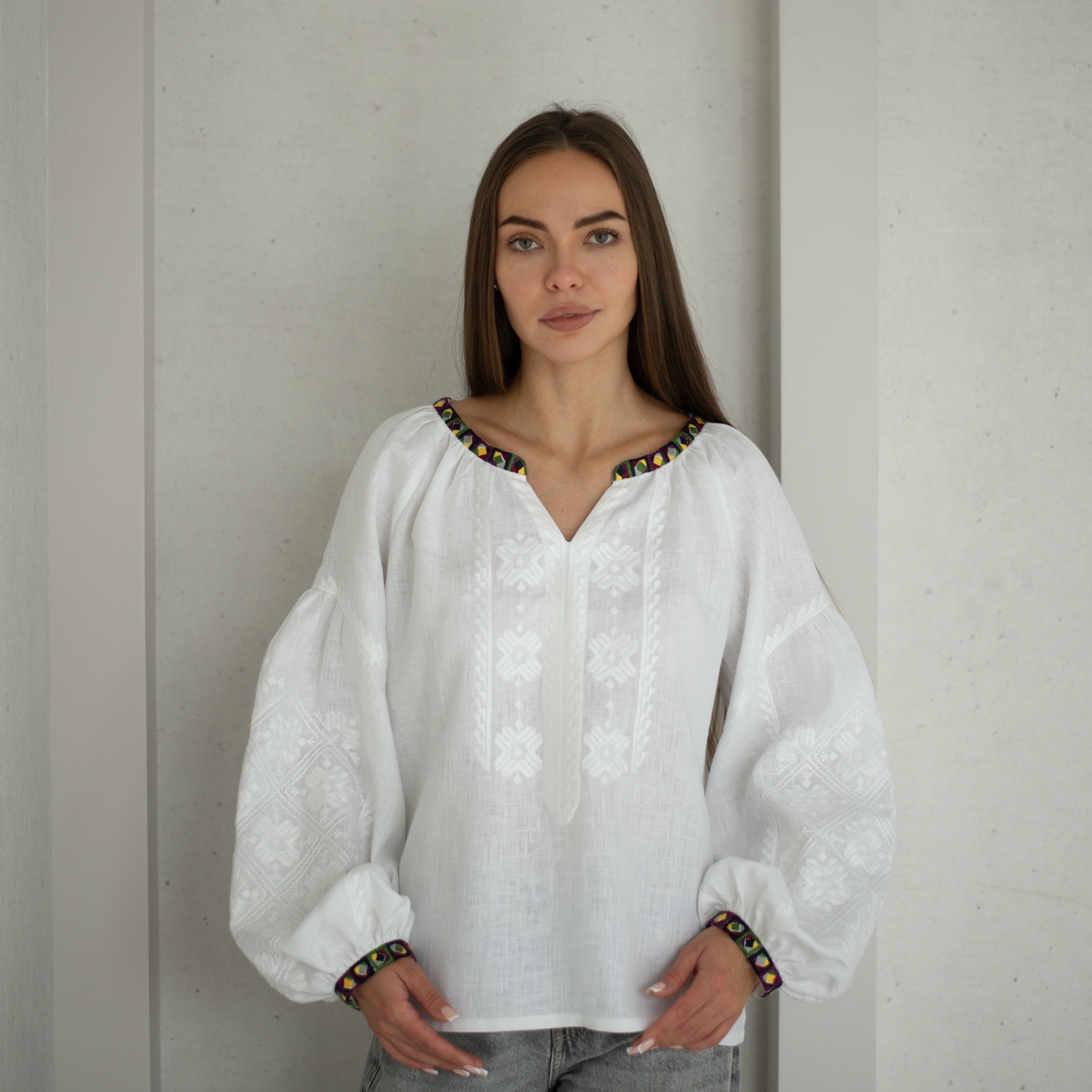 White embroidered blouse Ukrainian vyshyvanka bohemian ethnic shirt White on a white