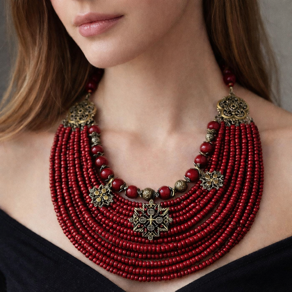 Red necklace Ukrainian Traditional MOTHERS GIFT Jewelry Ethnic Multirow Necklace of antique glass beads with contempt Gift for Her Easter