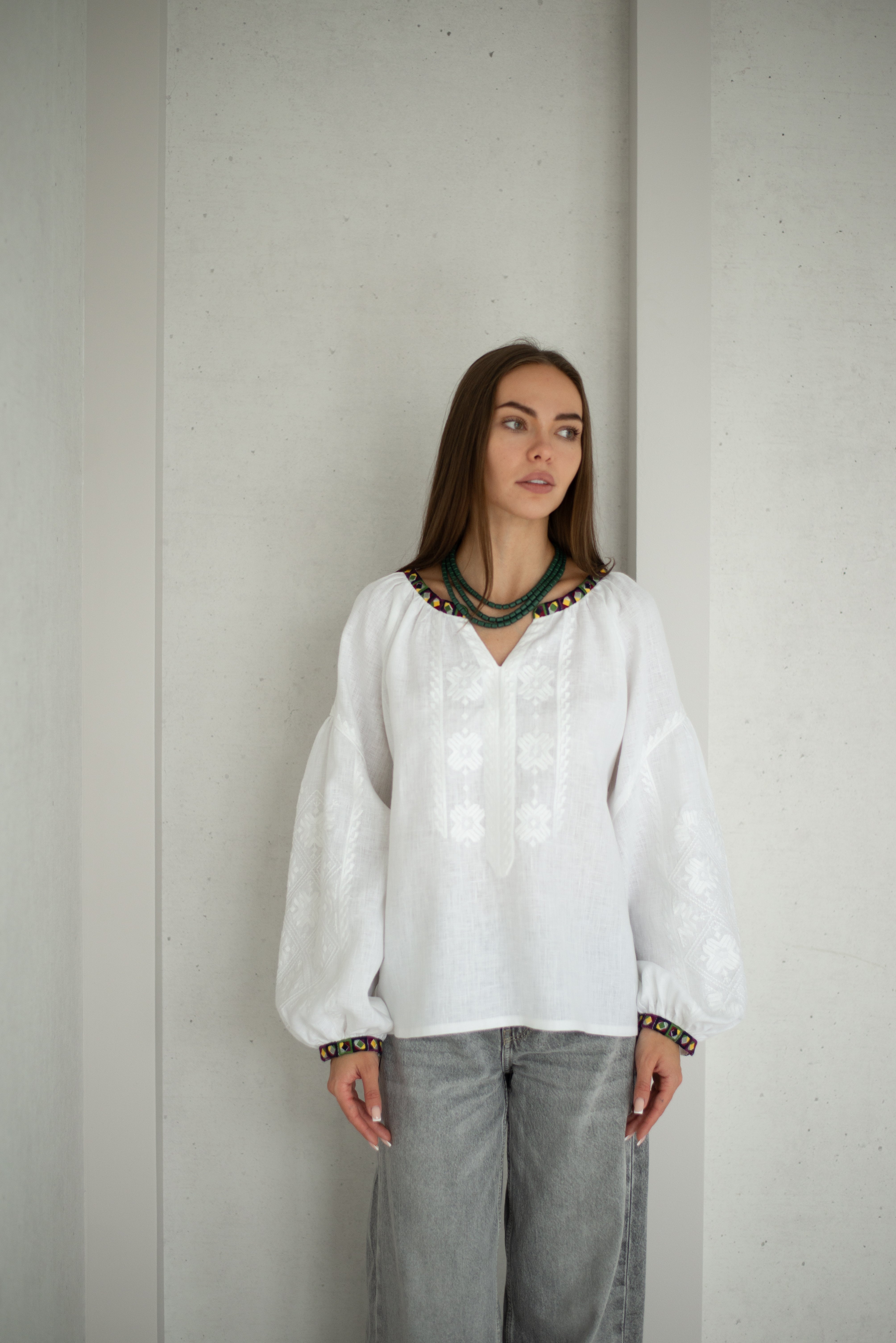 White embroidered blouse Ukrainian vyshyvanka bohemian ethnic shirt White on a white
