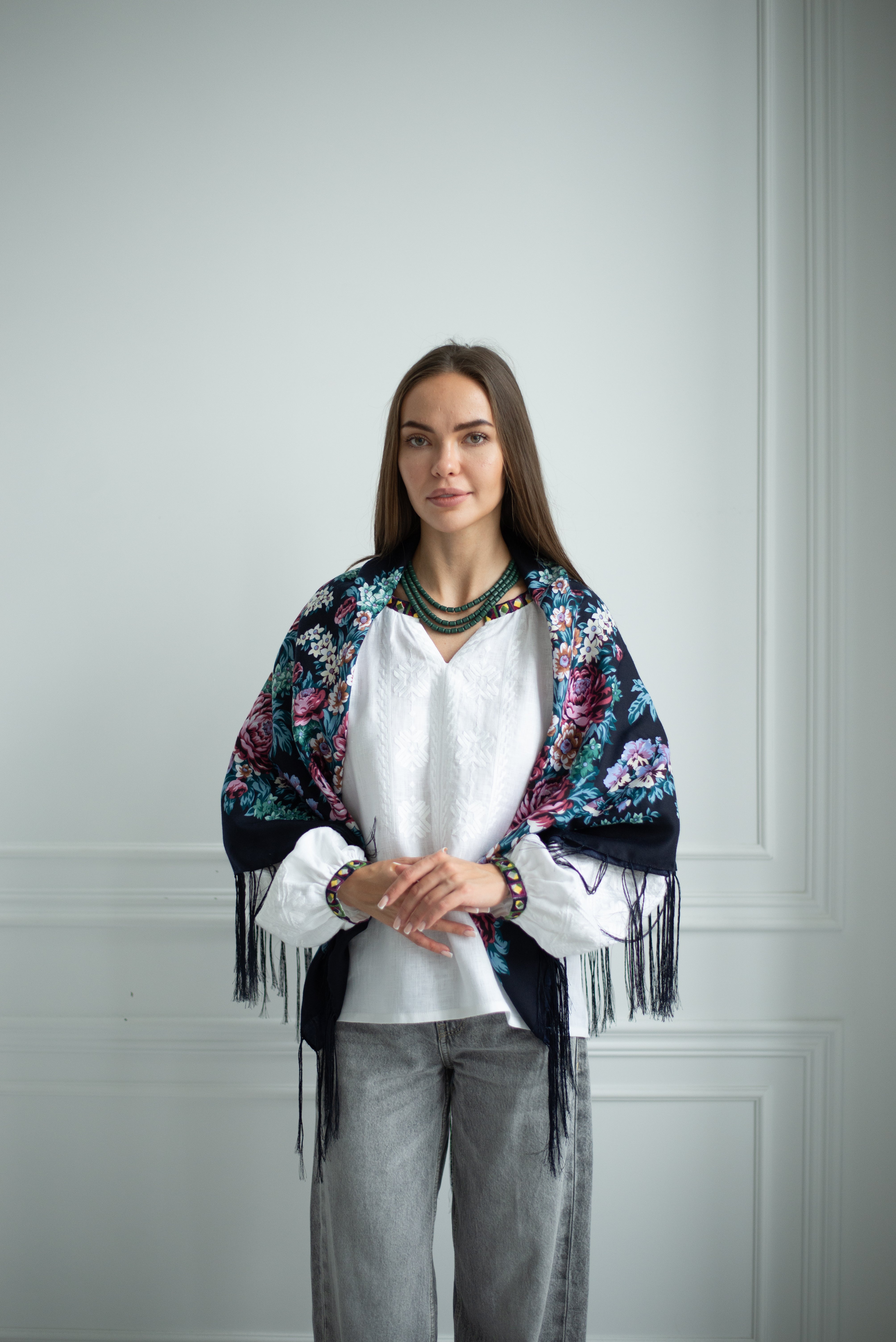 White embroidered blouse Ukrainian vyshyvanka bohemian ethnic shirt White on a white