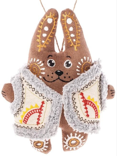 A plush toy resembling a bunny with winter clothing, featuring ethnic hand-painted patterns, and a grey scarf.