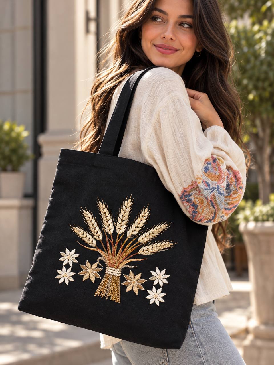 tote bag with embroidered wheat and white flowers on the front