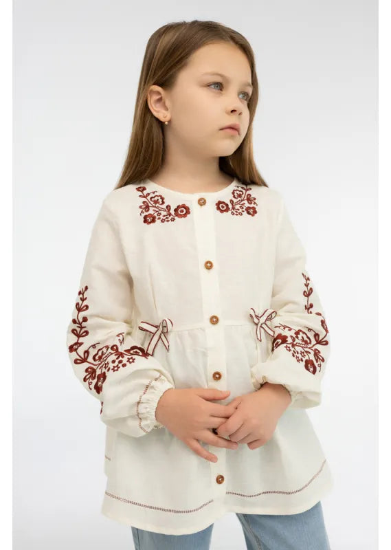 White Embroidered Blouse for Girls Ukrainian Vyshyvanka Linen Style