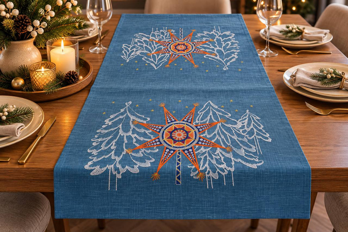 Blue Embroidered Linen Table Runner, Ukrainian Christmas Star Design
