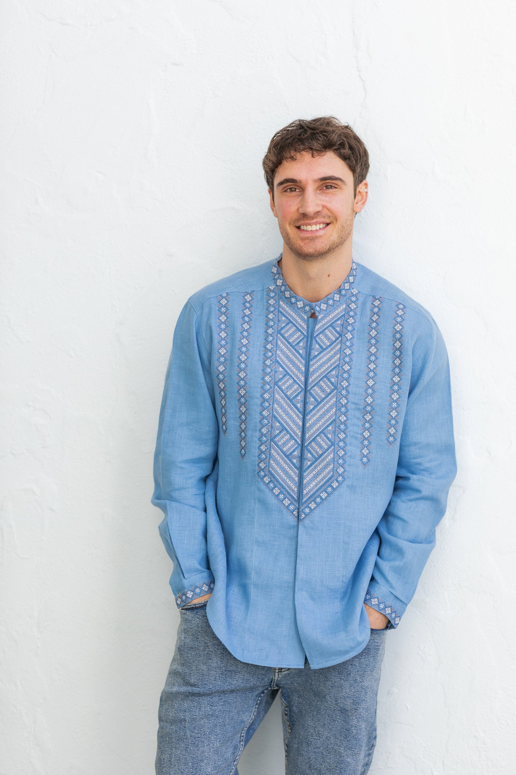 Blue Linen Embroidered shirt Ukrainian