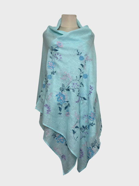 Blue Ukrainian Traditional White Linen Scarf with Slavic Embroidery Folk Shawl for Women