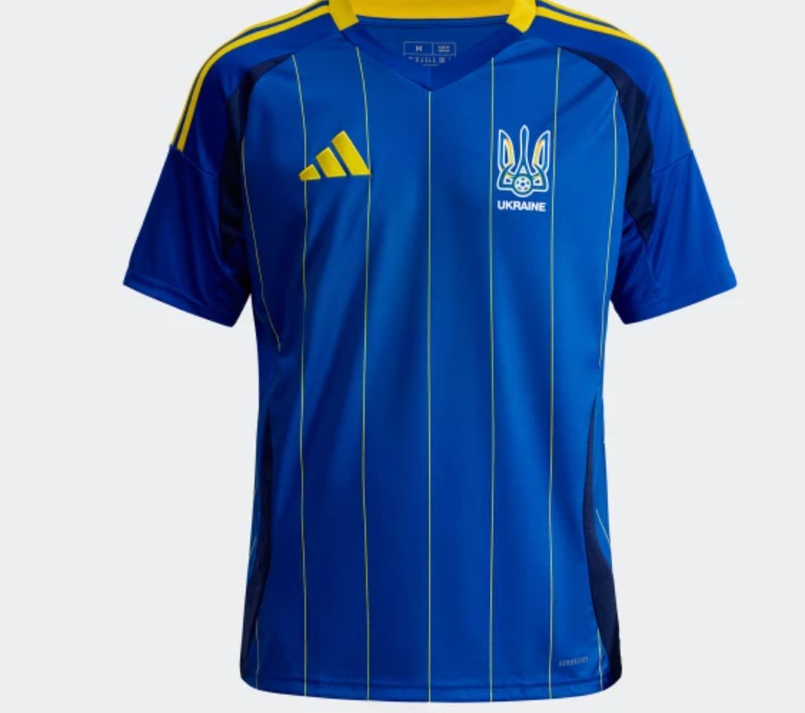 Blue sports jersey with yellow accents and Ukrainian flag design on a white background