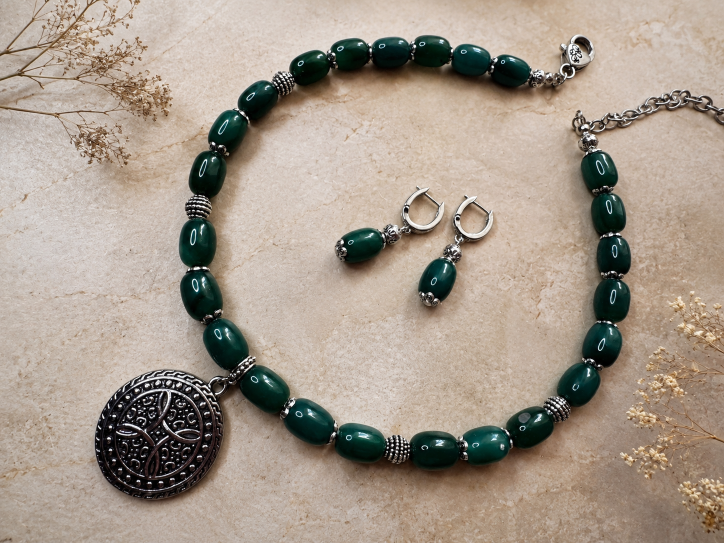 Green Agate Necklace with Celtic Pendant
