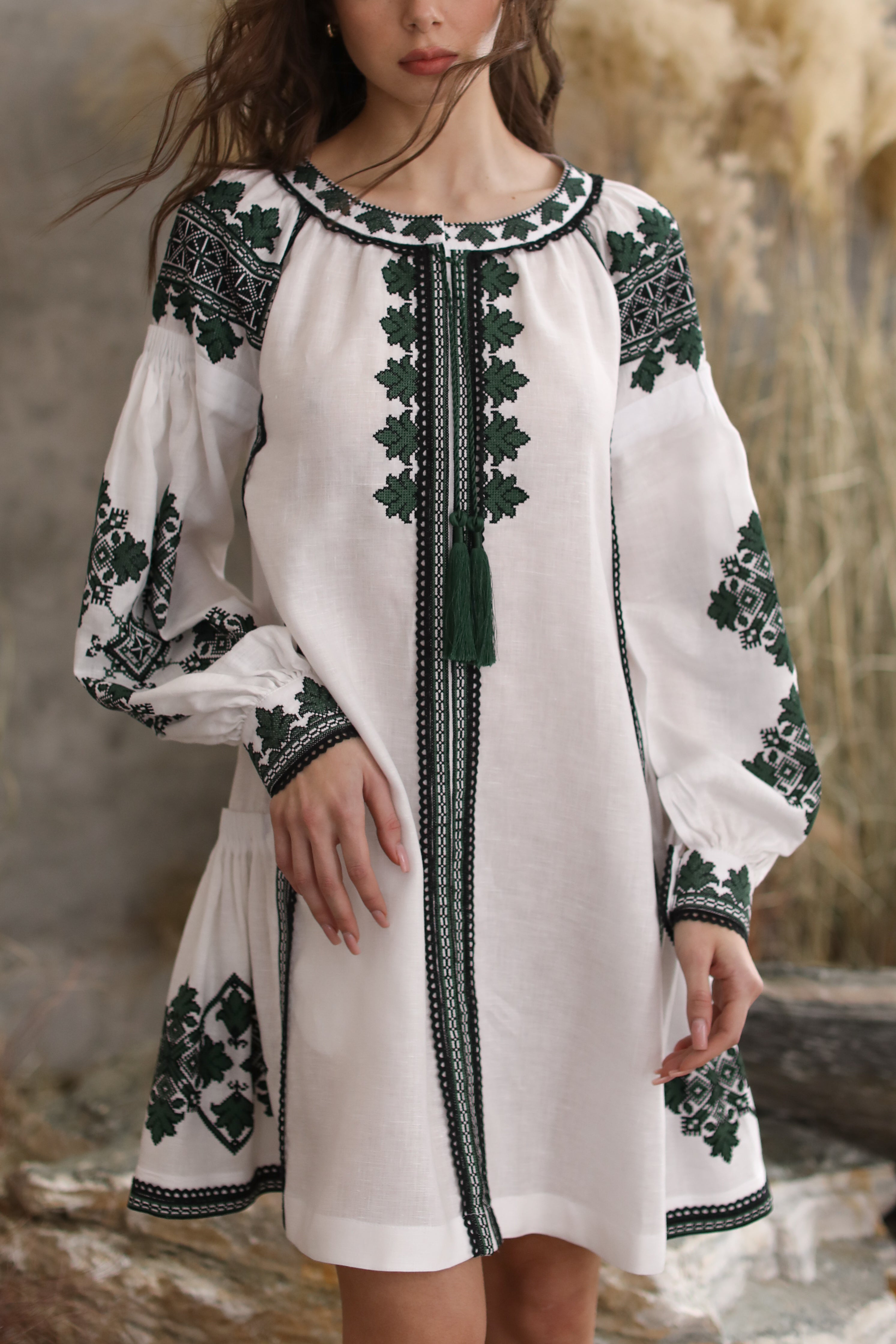 White Linen Embroidered Ukrainian Vyshyvanka Dress - Boho Ethnic Caftan