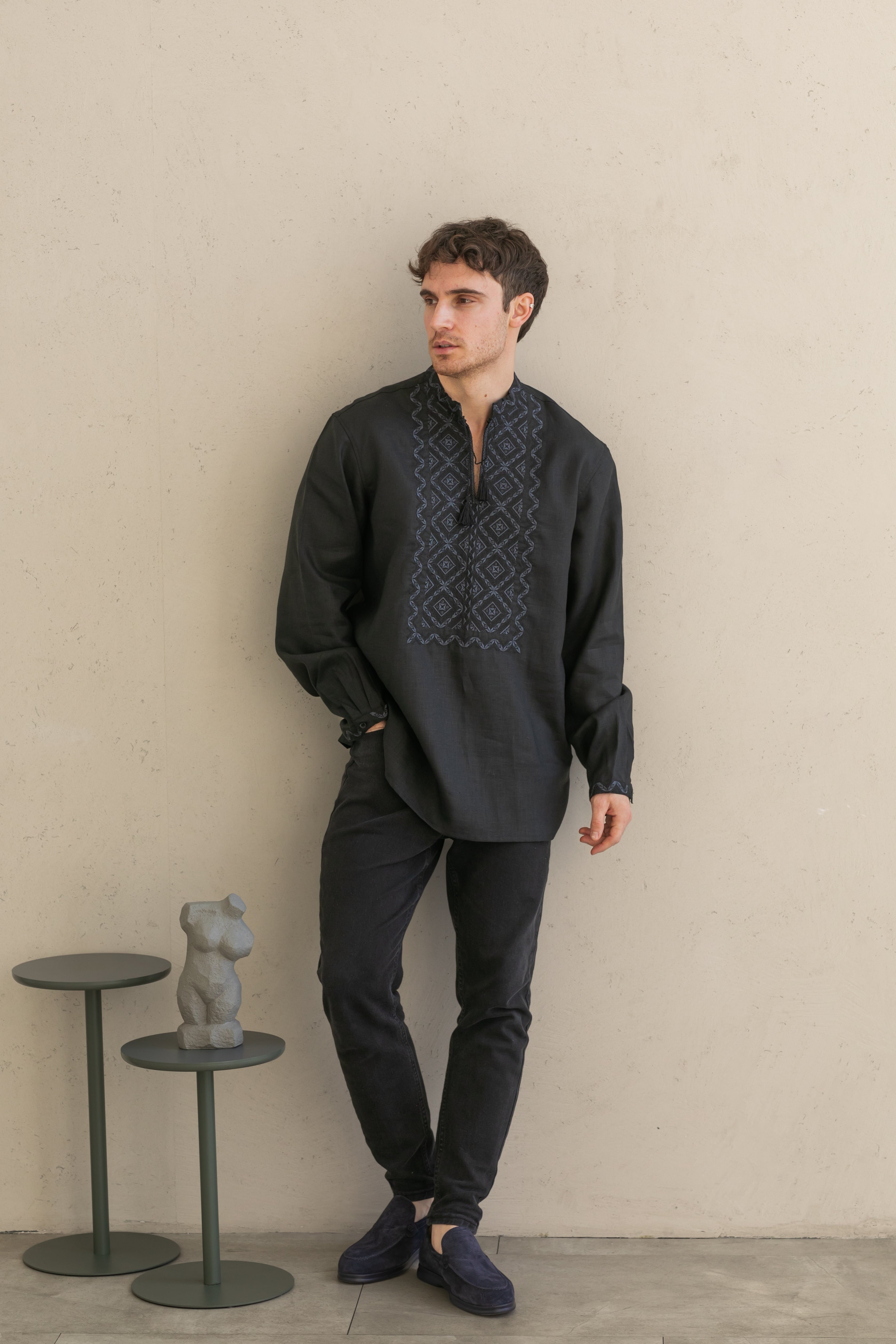 Black Linen Embroidered Vyshyvanka Shirt for Men Gray on black