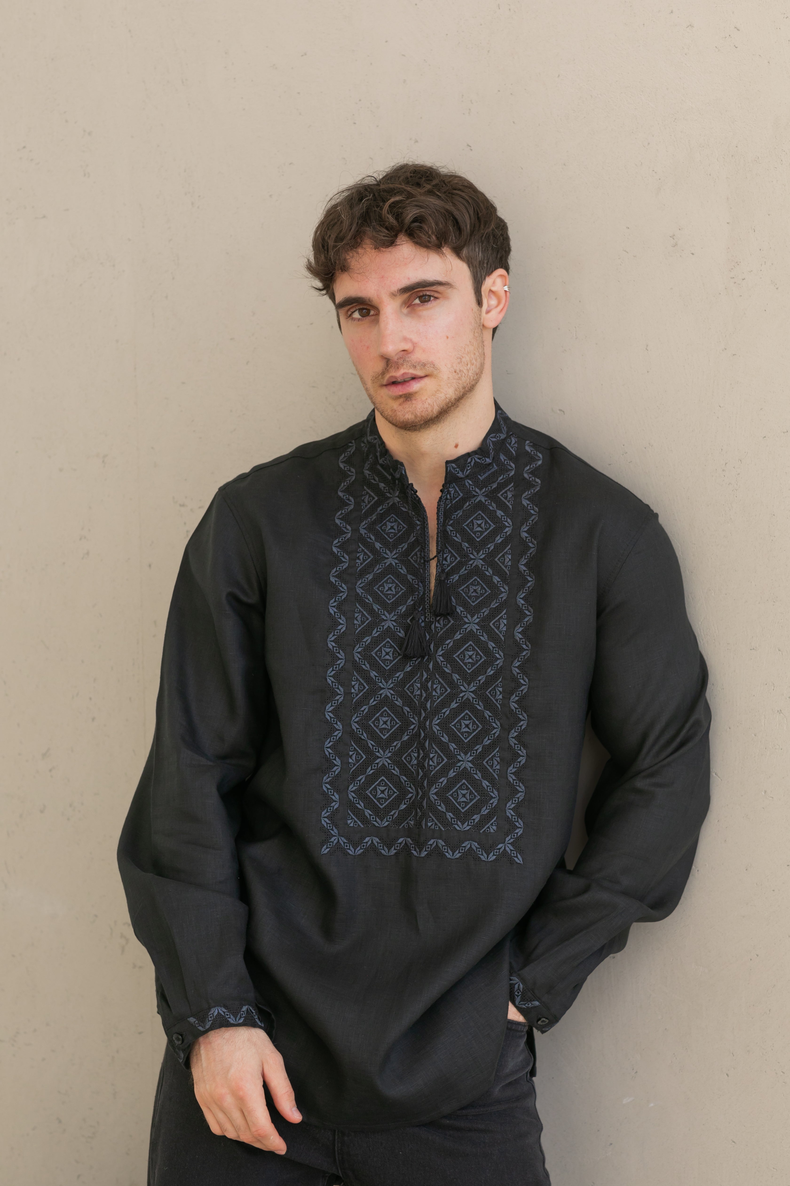 Black Linen Embroidered Vyshyvanka Shirt for Men Gray on black