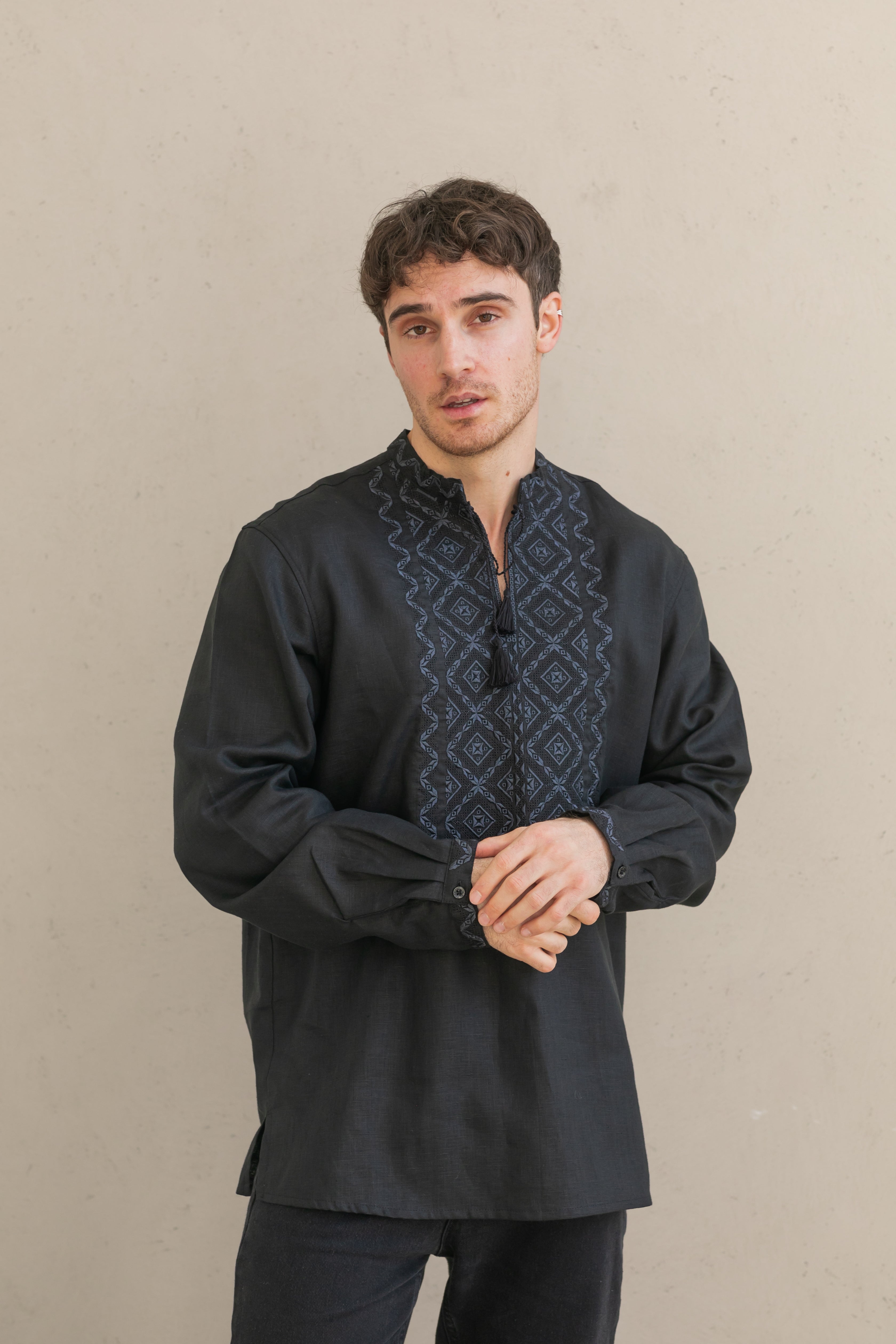 Black Linen Embroidered Vyshyvanka Shirt for Men Gray on black