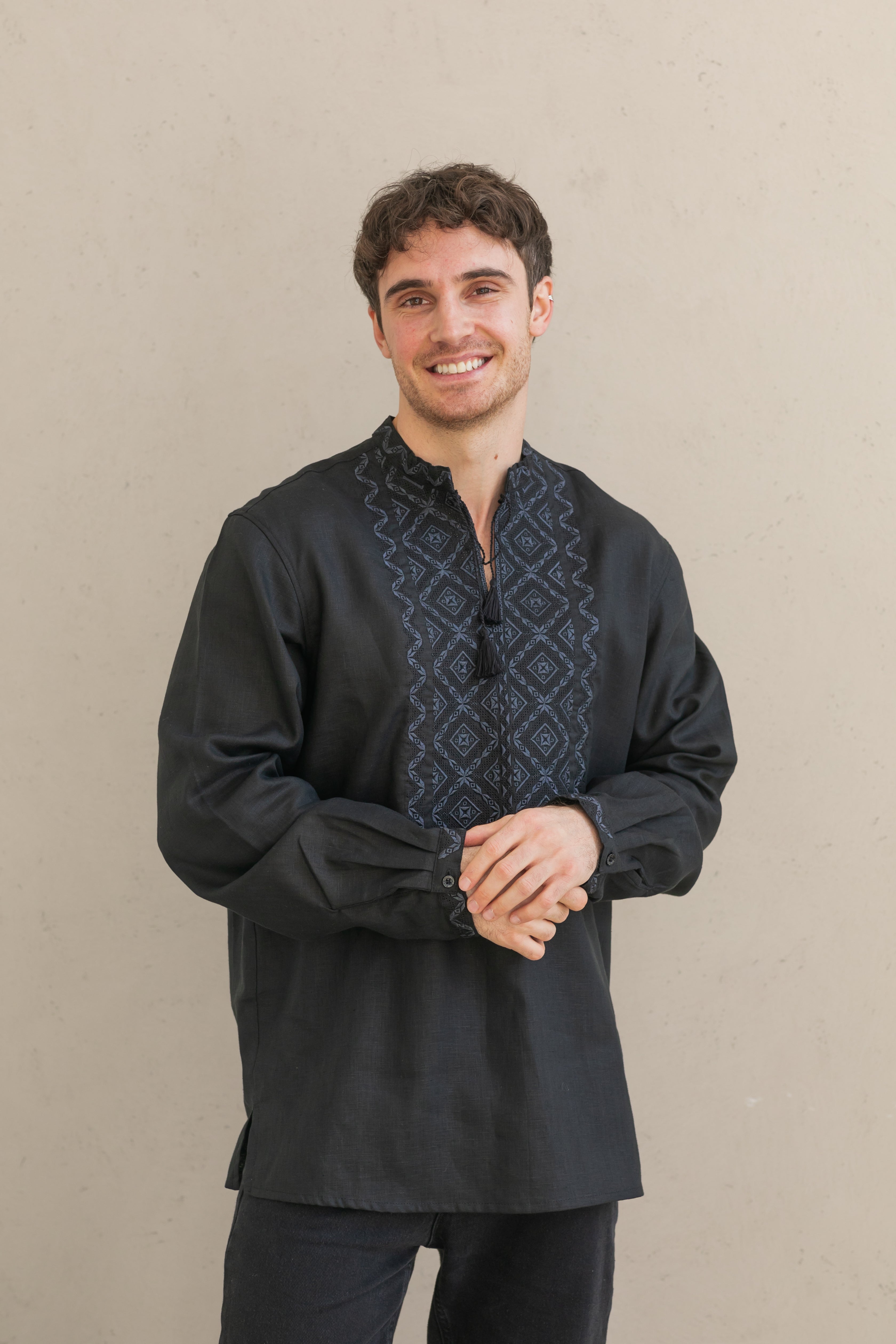 Black Linen Embroidered Vyshyvanka Shirt for Men Gray on black