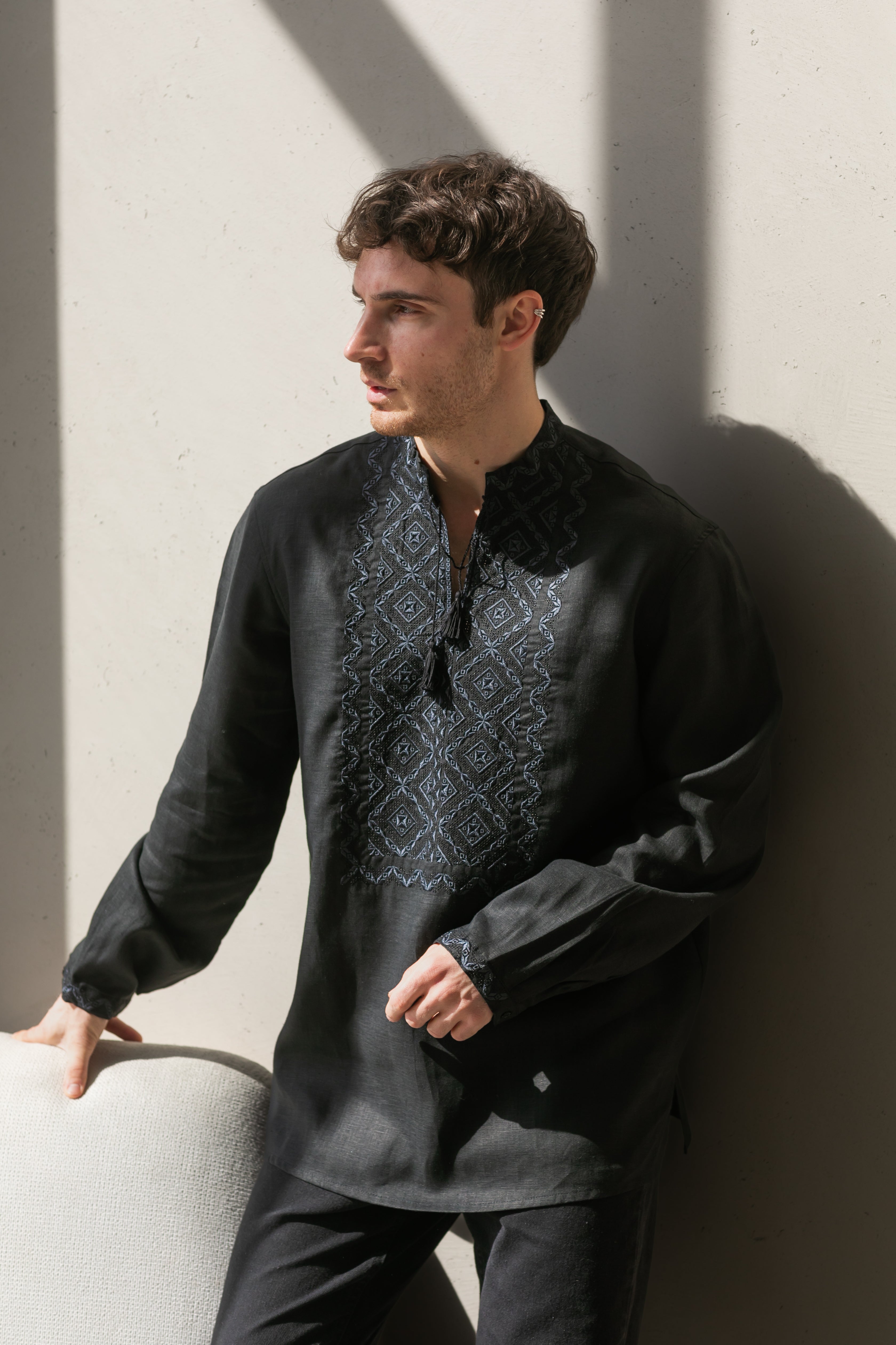 Black Linen Embroidered Vyshyvanka Shirt for Men Gray on black