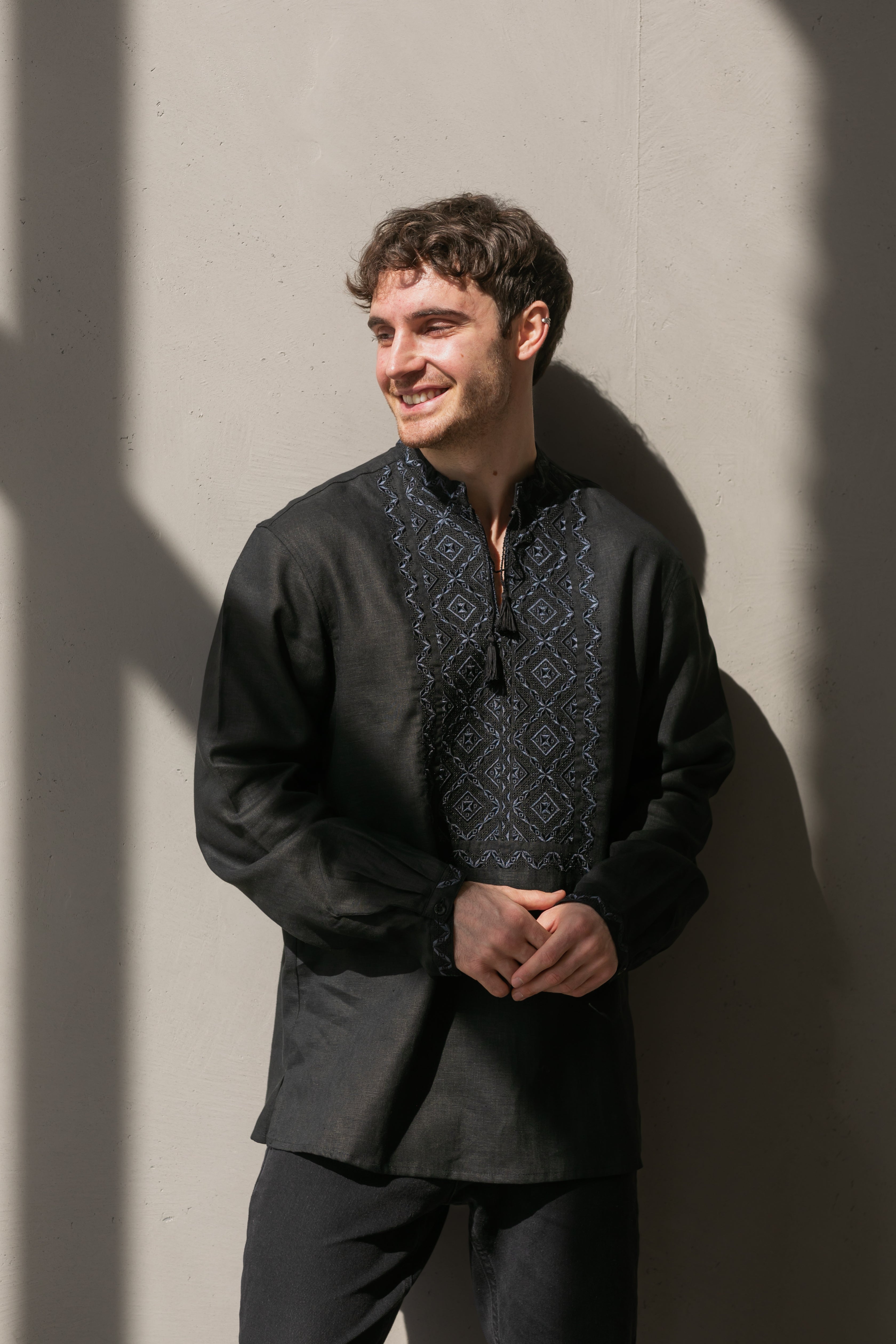 Black Linen Embroidered Vyshyvanka Shirt for Men Gray on black