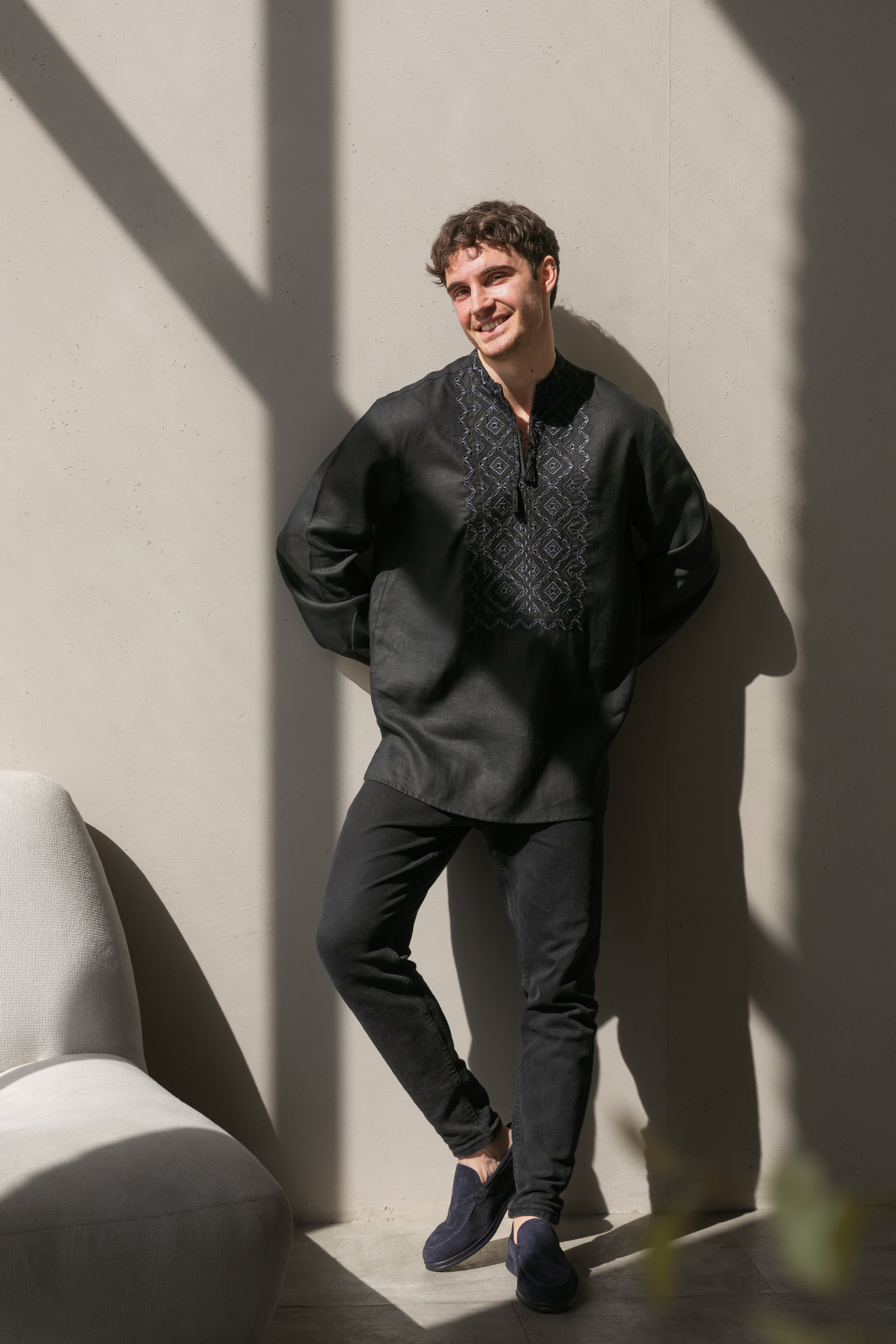 Black Linen Embroidered Vyshyvanka Shirt for Men Gray on black