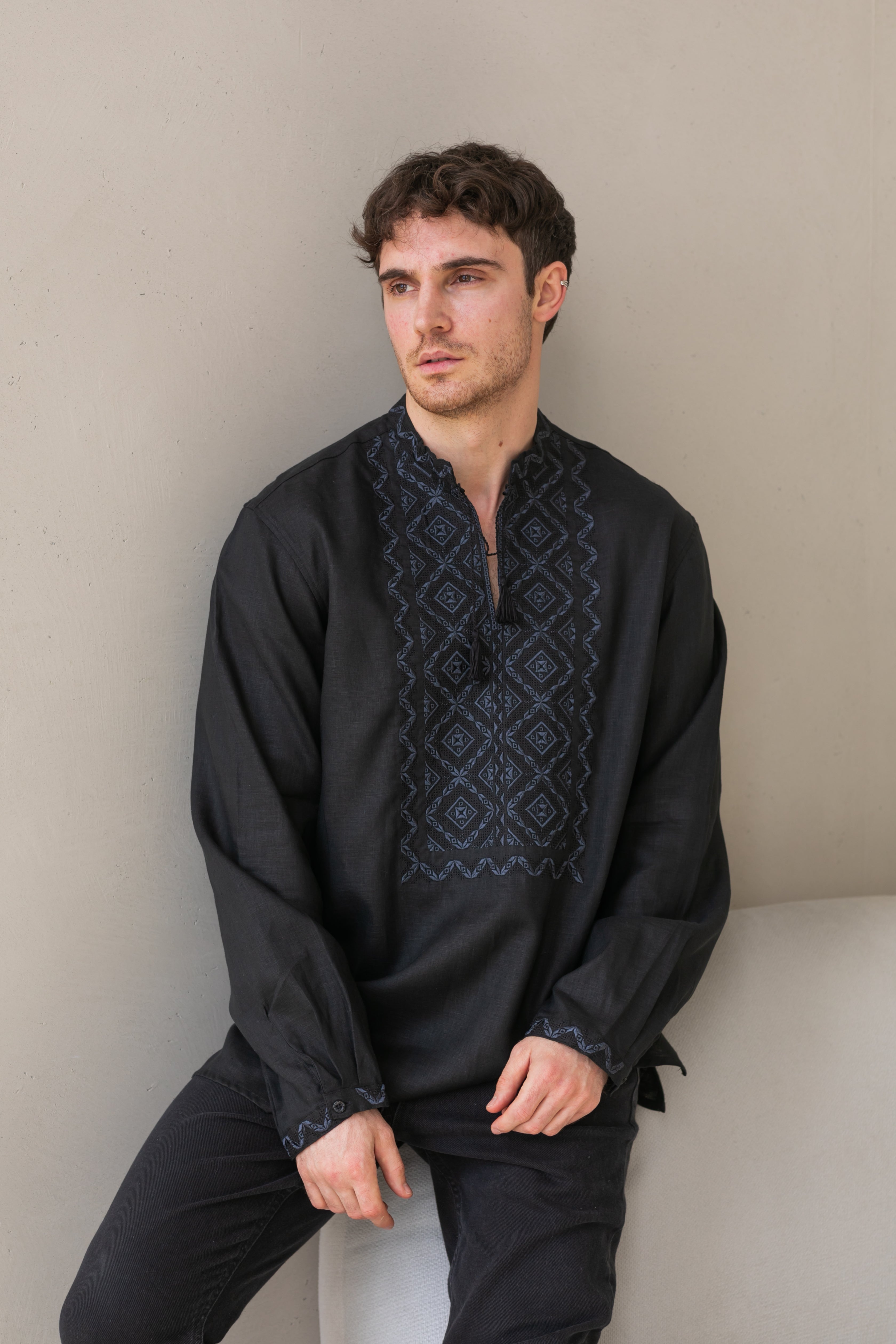 Black Linen Embroidered Vyshyvanka Shirt for Men Gray on black