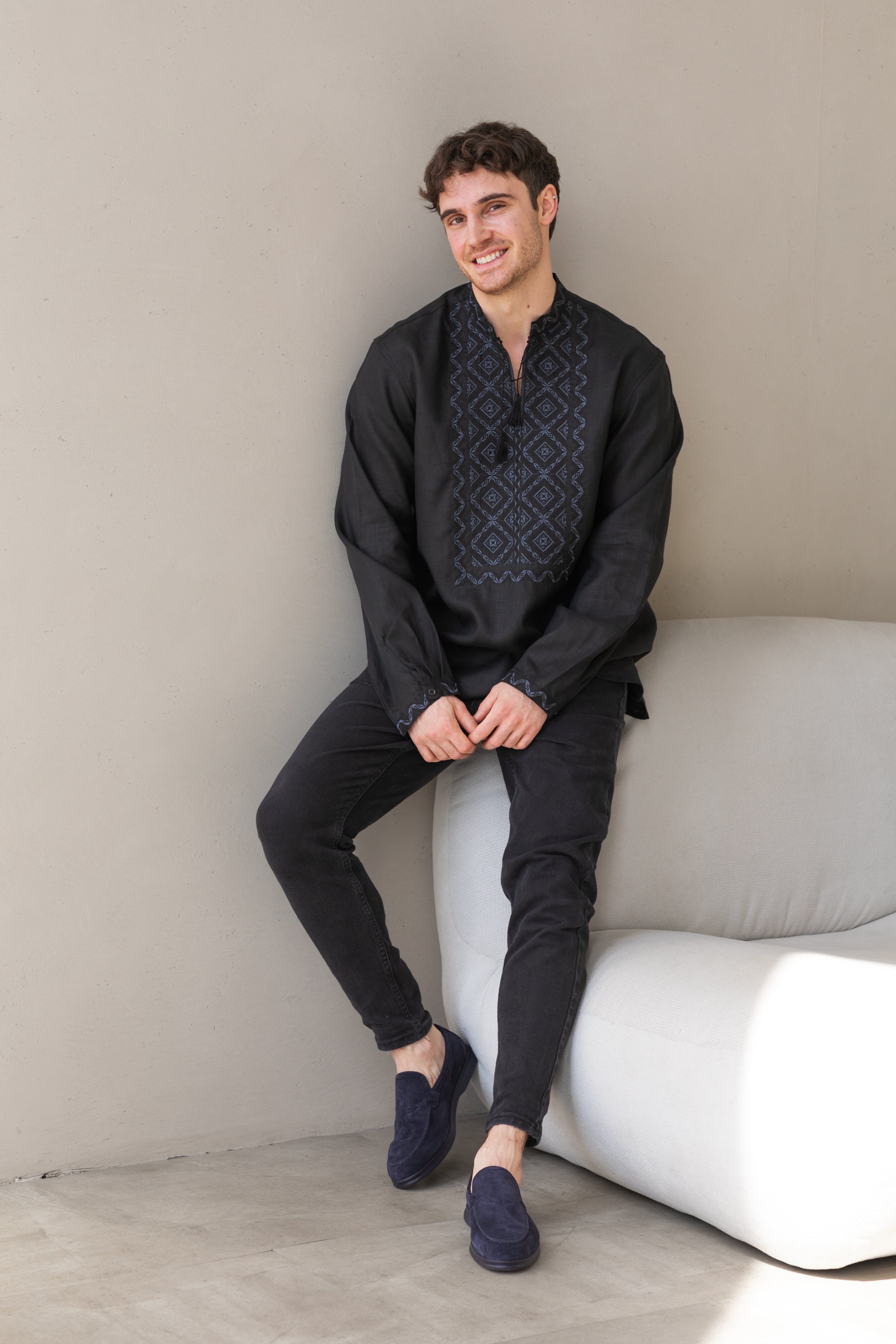 Black Linen Embroidered Vyshyvanka Shirt for Men Gray on black