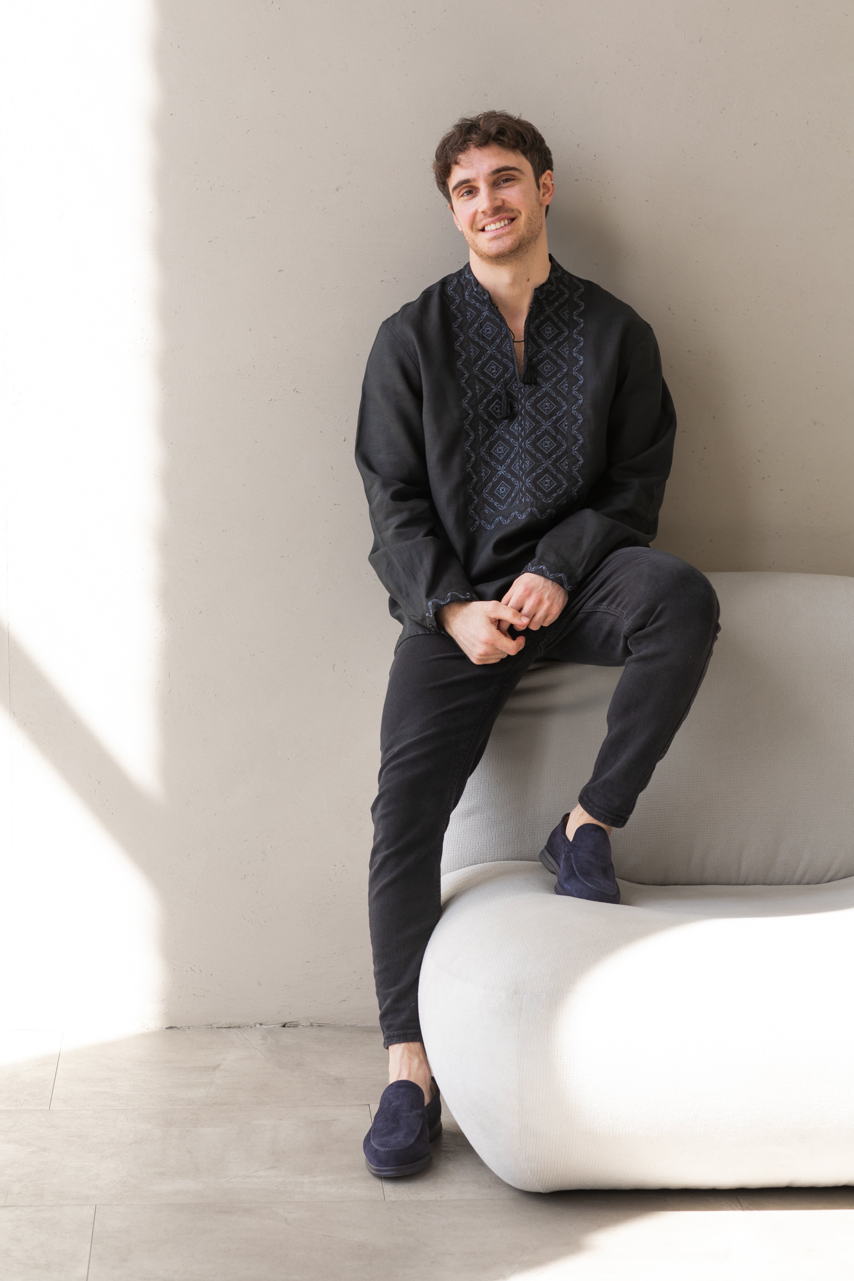 Black Linen Embroidered Vyshyvanka Shirt for Men Gray on black